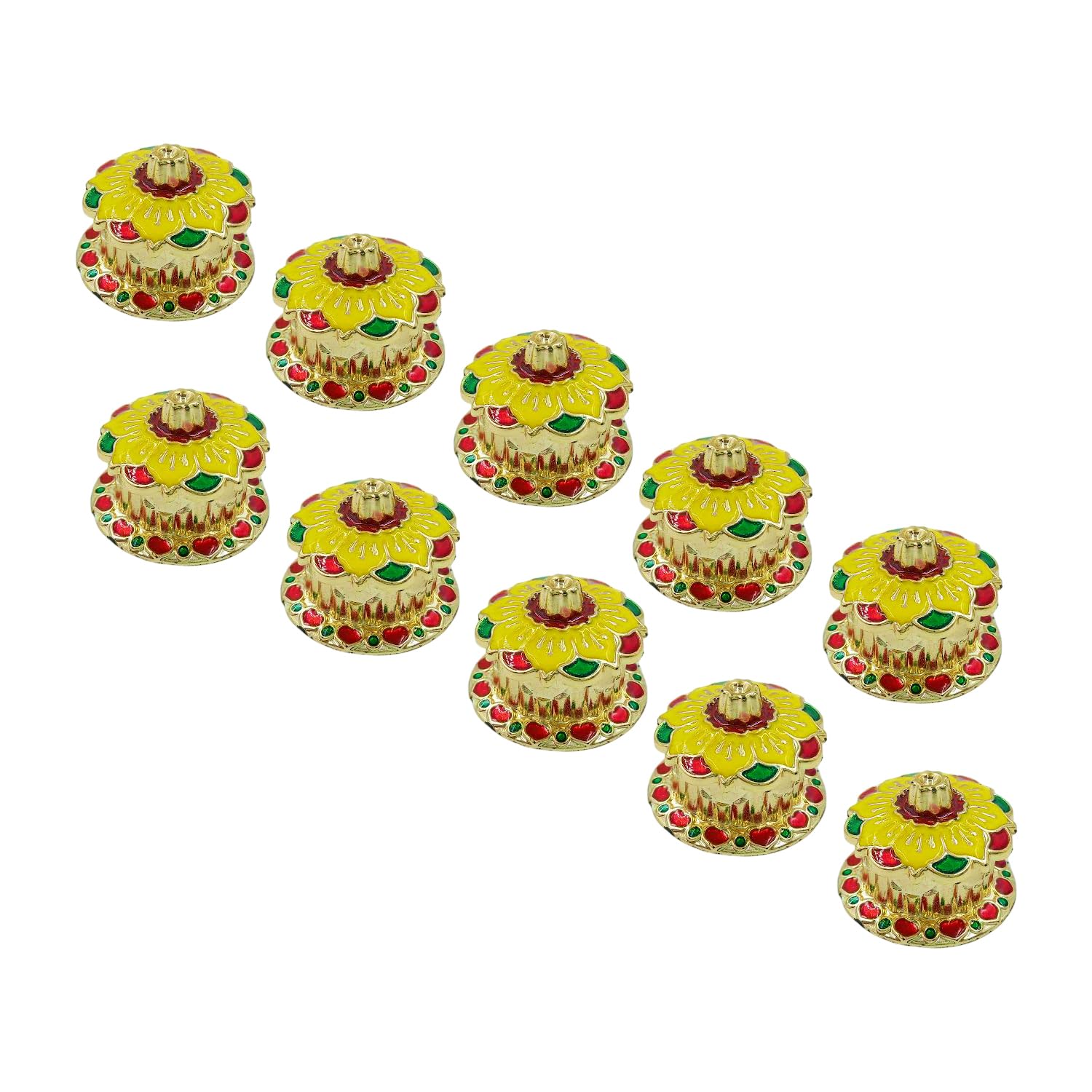 Soul Artisan Round Flower Single Kumkuma Holder Chimil Box - Plastic Golden Metallic Color(Pack of 10) - Decorative Art Design Tilak Daani, Sindoor for Women Return Gift, Diwali, Weddings, Pooja