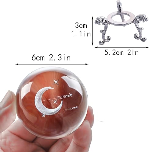 Miniatura 5 de HDCRYSTALGIFTS Bola de cristal de media luna y meteorito grabada con láser 3D de 2.362 in (2.3 pulgadas) con soporte de metal, pisapapeles, esfera