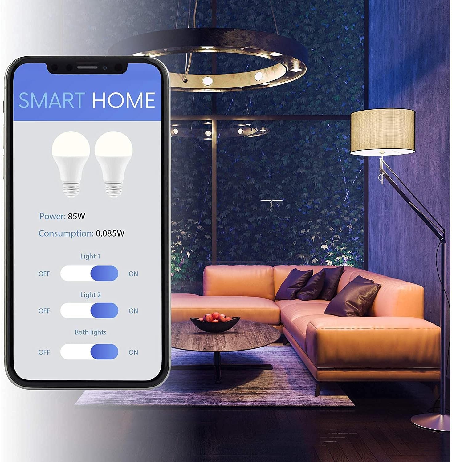 Смартфондун экраны жарыктарды башкаруу жана электр кубатын керектөө үчүн акылдуу үй колдонмосунун интерфейсин көрсөтөт