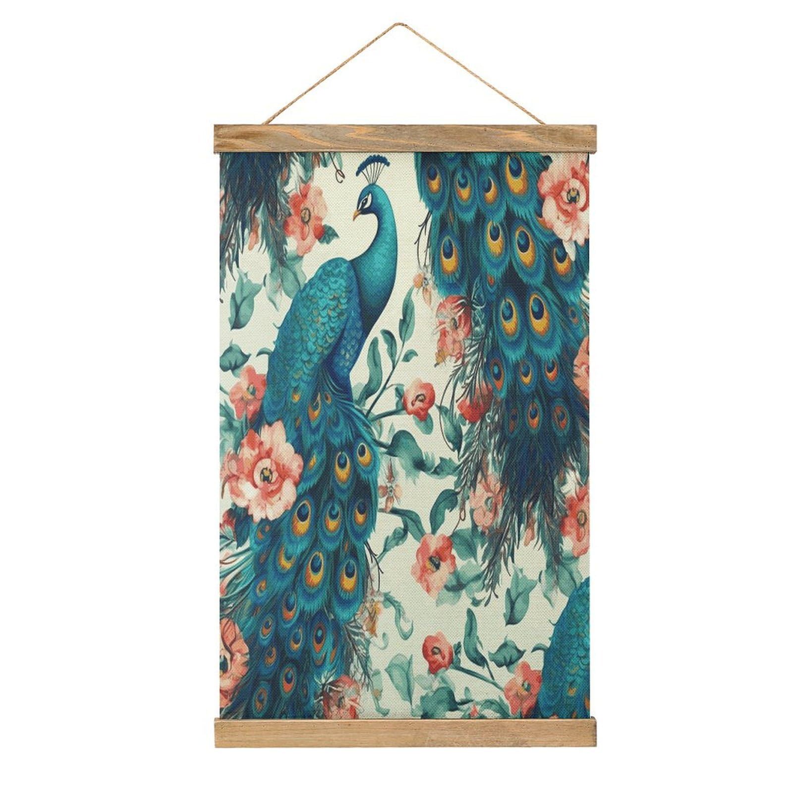 FekiLoot Beautiful Peacock Flowers Wall Art Poster Hanger Frame Linen Wall Art Decor Vintage Hanging Poster Hanging Wall Decor Rustic Retro Wall Art Print for Living Room Decor 20.4 X 13.1Inches