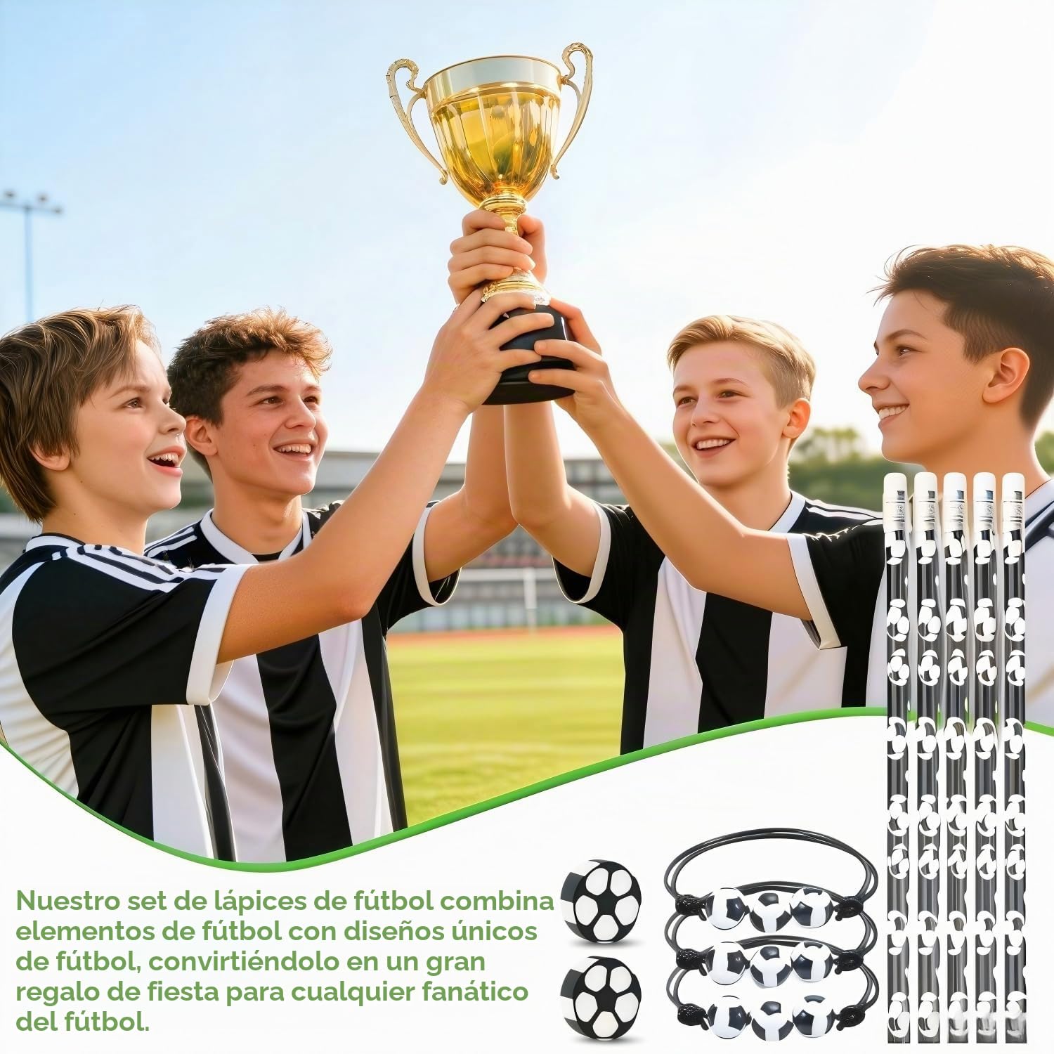 Juego de 36 obsequios de fútbol, 12 lápices, 12 gomas de borrar, 12 pulseras, regalos para la escuela, temas de fútbol, cumpleaños infantiles