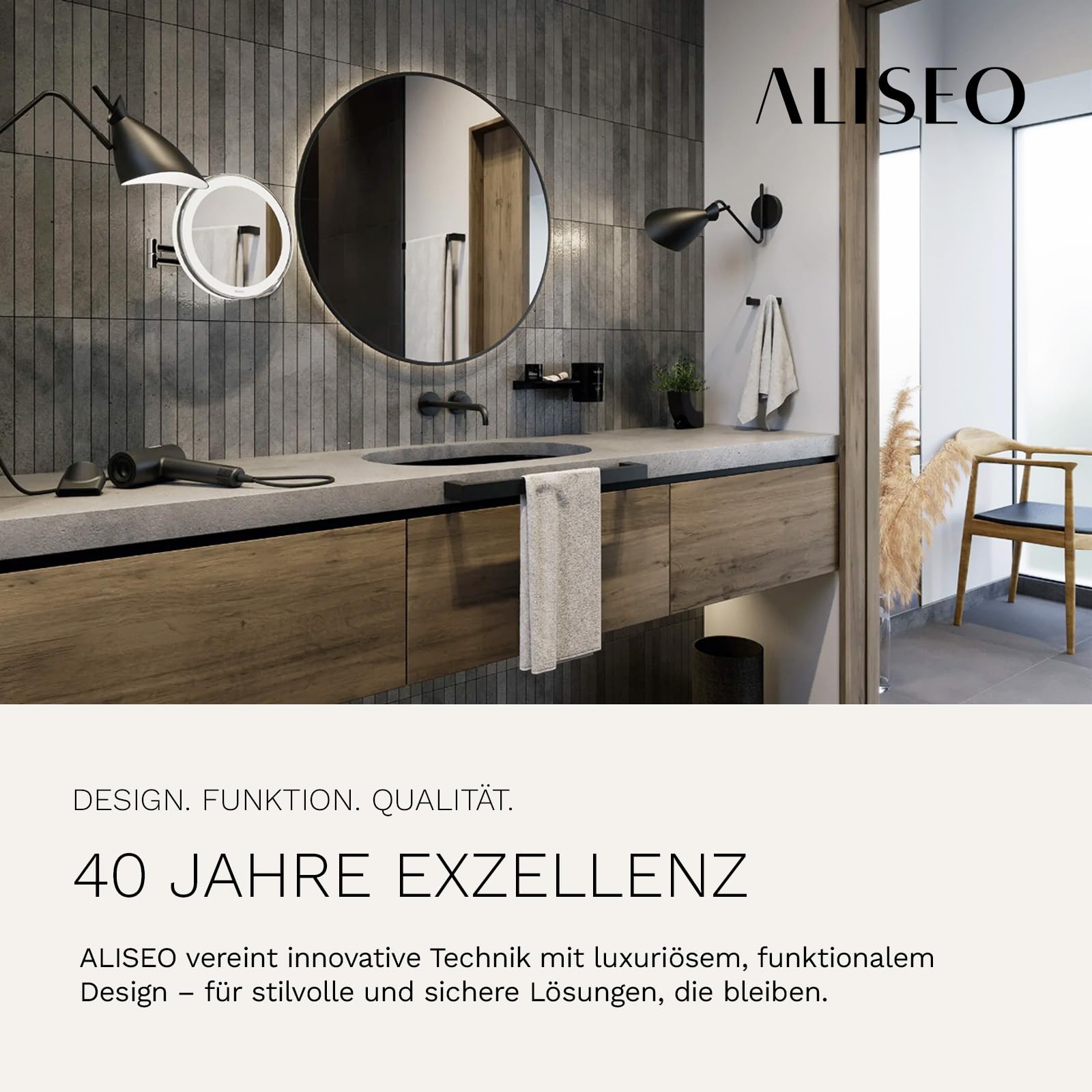 ALISEO FACE - Spiegel am Doppelschwenk-Arm - 3-Fach Vergrößerung, schwenkbar, rund ø 200 mm, Chrom