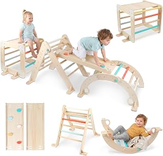 FReniland Pikler Triangle Set with Cube, Montessori Toddler Climbing Toys Indoor, Wooden Baby Jungle Gym with Climbing Arch and Ramp, 4-in-1 Foldable Climber Playset for Toddlers 18M+ to 6Y