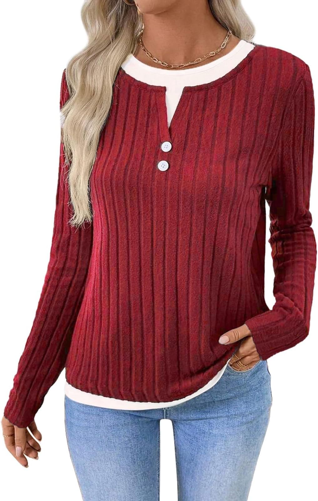 – Color Block Sweaters for Women Long Sleeve Shirts Crewneck Tops with Buttons Fall Fashion Outfits Winter Clothing 2025