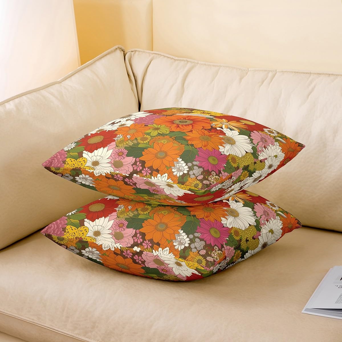 Colorful Flowers Pillow Covers 24x24 Inch Set of 2 70s Groovy Daisy Vintage Floral Butterfly Pillow Cases for Girls Teens Adults Rustic Garden Hippie Style Cushion Covers for Room Decor Bed
