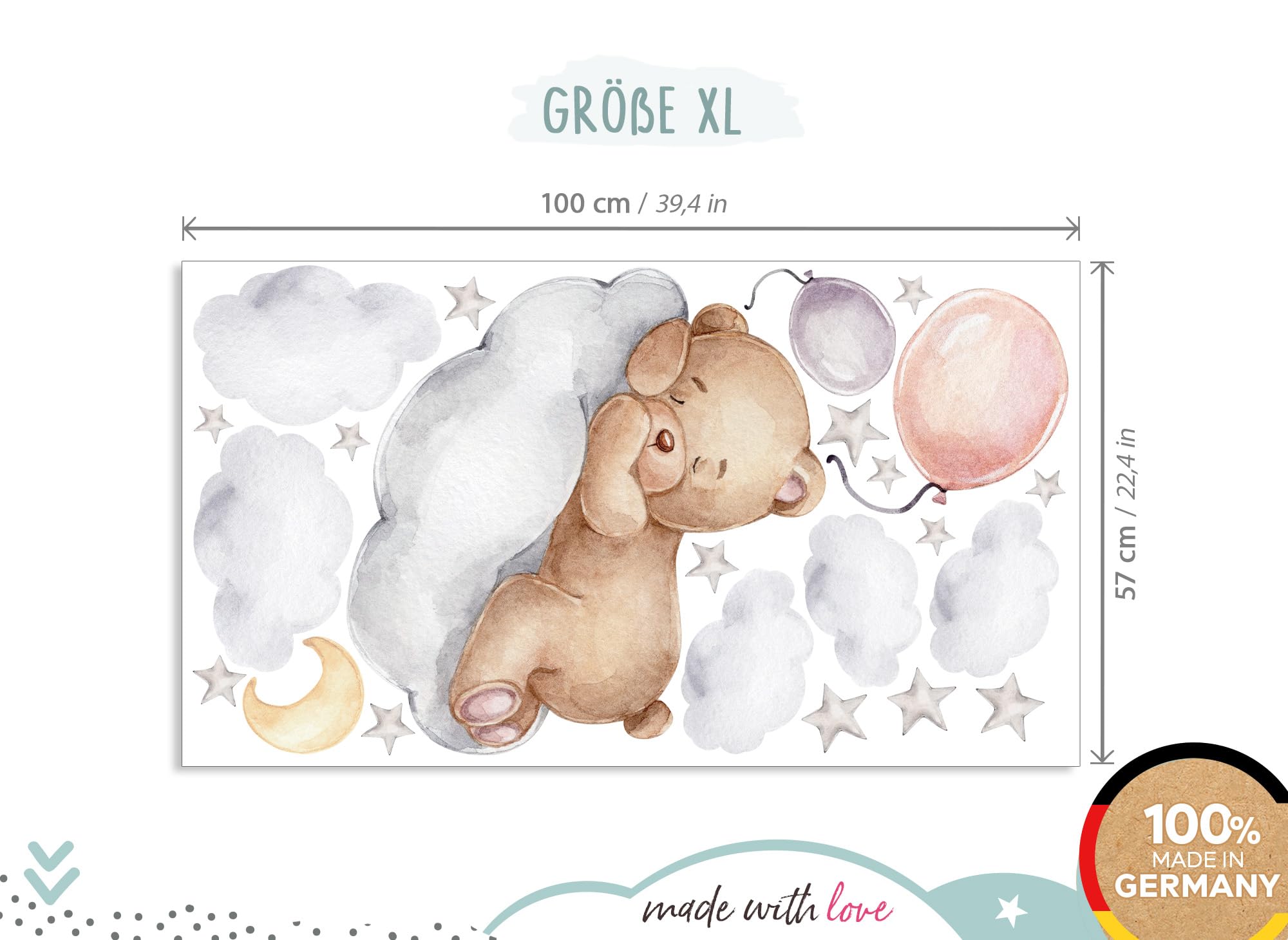 Little Deco DL832-4 Sticker mural pour chambre de bébé Motif ours en peluche sur le nuage