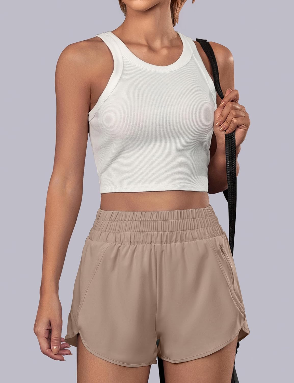 BMJL Women's Running Shorts Elastic High Waisted with Pockets, 2.5" Sporty Workout Quick Dry Athletic Shorts Khaki Medium image 2 of 5 B099S7VGQS