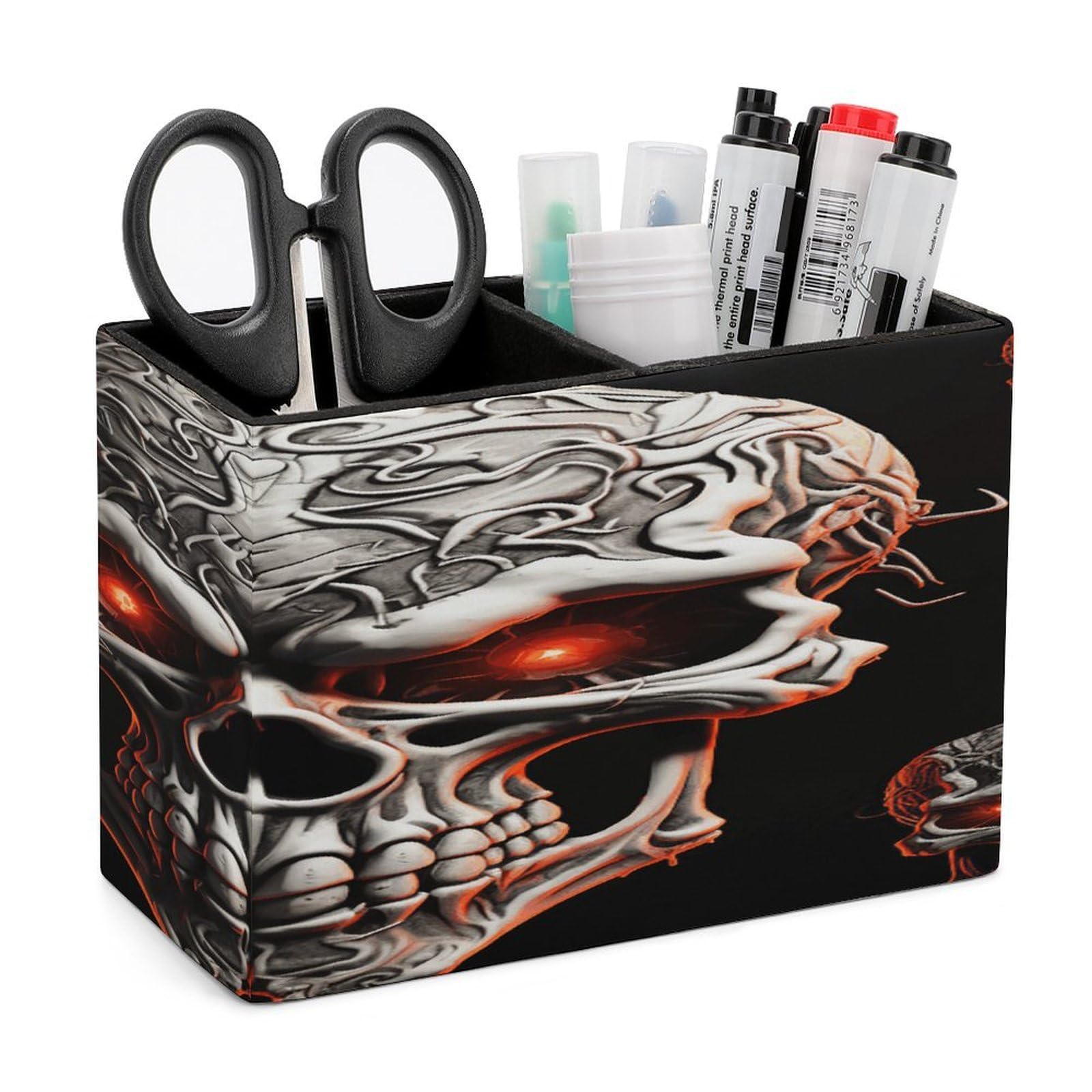 VstaDank Evil Skull Pencil Holder for Desk Organizer 2 Compartments Pen Cup Leather Square Pen Holder Pencil Cup Stand Makeup Brush Holders for Desktop Organizer Storage Case