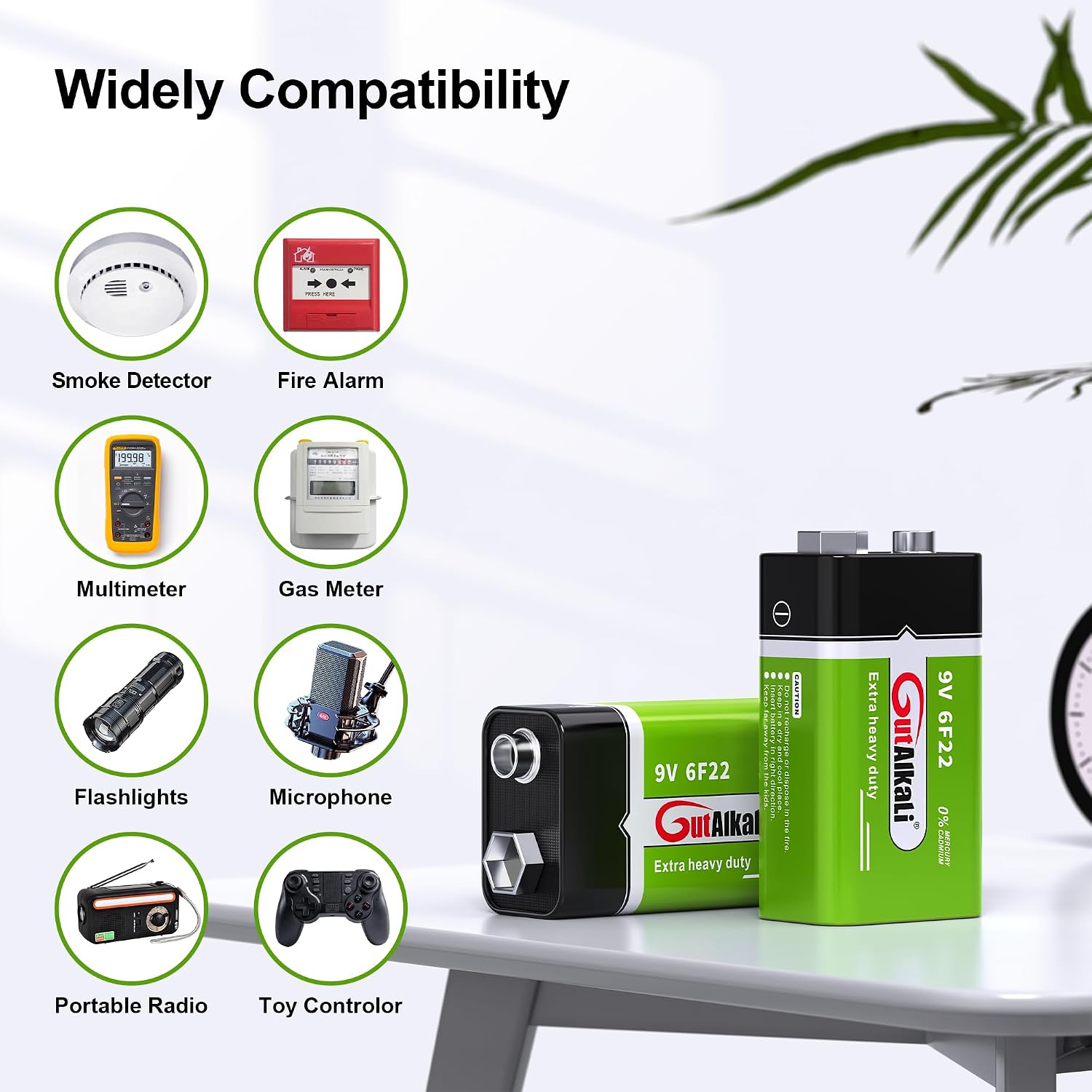 GutAlkaLi Batteries 9V Block Battery, 6 Pieces, Longlife Power for Smoke Detectors, Fire Alarms, Microphone 6lr61 6F22 PP3 MN1604