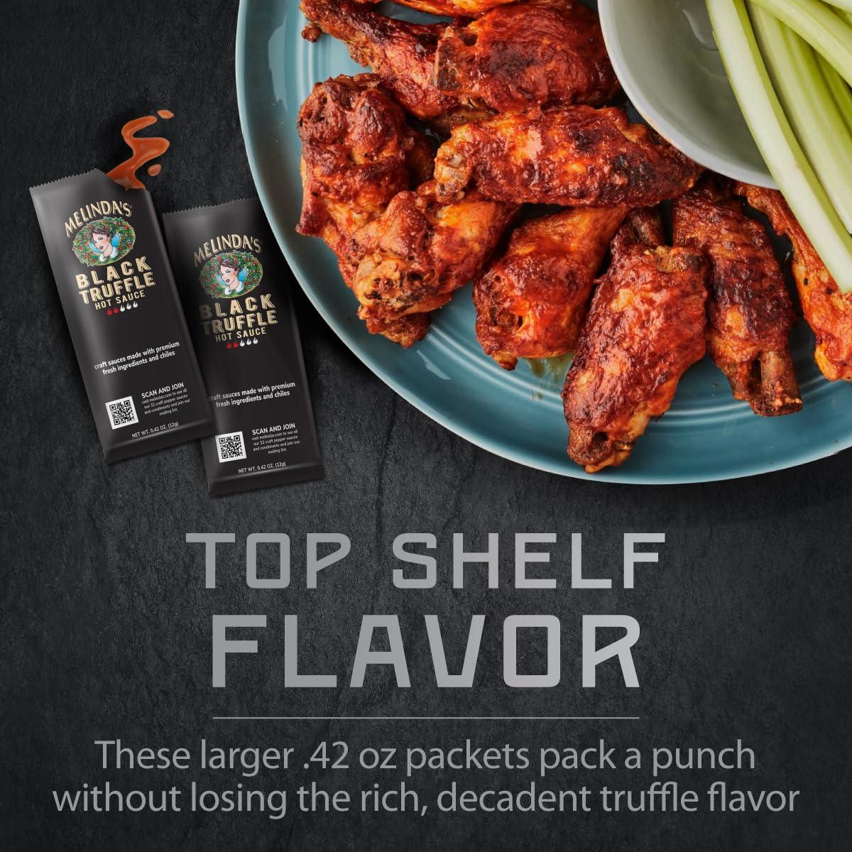 Melinda’s Black Truffle Hot Sauce Packets - 200 Count (.42 Oz Each) - Hot Sauce Packets Single Serve for Travel, Party, Business - Convenient Individual Condiment Packets in 8 Flavors
