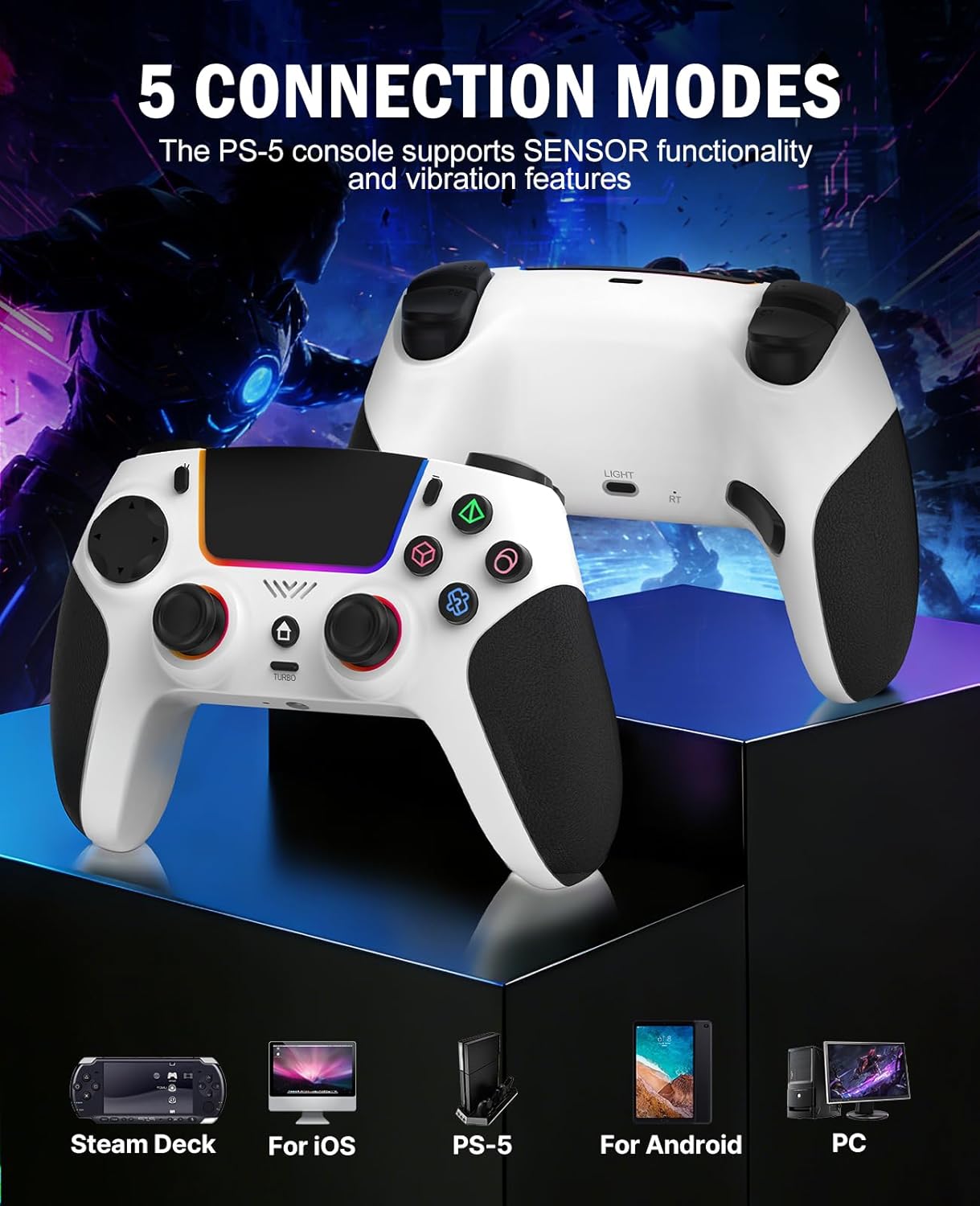 SFGSUP Wireless Controller for PS5/PC/MAC/iOS/Android/Steam Deck, With Hall Effect Joystick&Trigger/8 RGB Lighting/Turbo/Dual Vibration/Programmable/Headset Jack/Touchpad/1500 mAh Battery, White&Black - Image 8