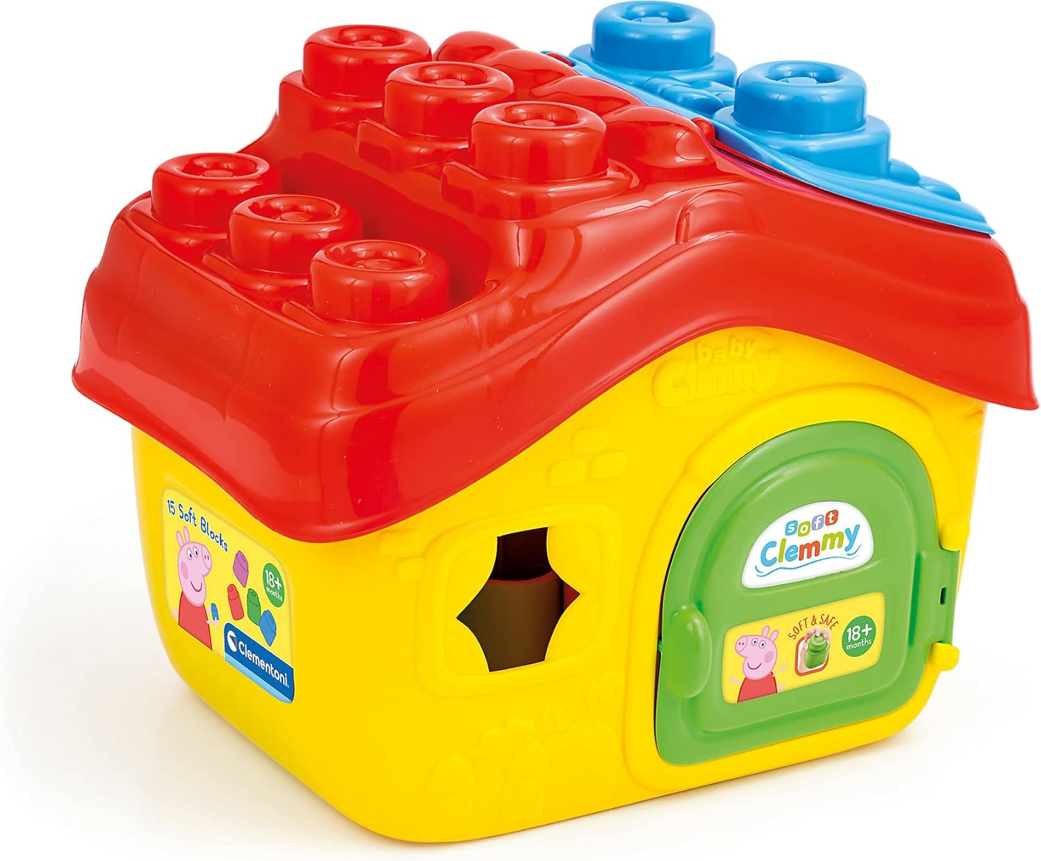 Clementoni 17657 Bucket-Peppa Pig House, playset Clemmy Children 10 Months-Soft Building Blocks-Washable-Made in Italy, Multicoloured