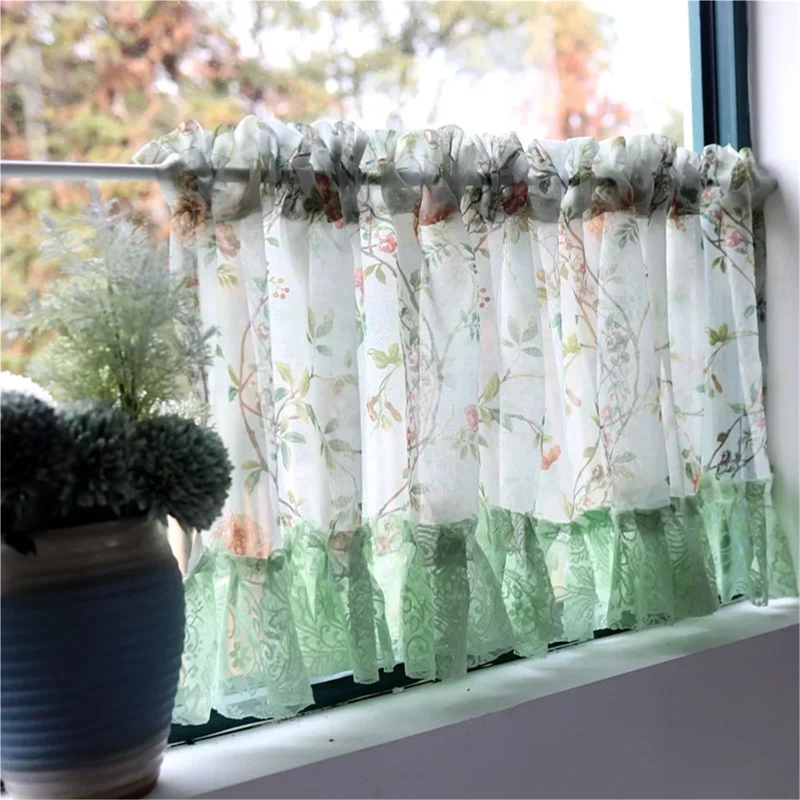 Ländliche Tüll-Halbgardinen mit Blumenmuster for die Küche, Vintage, hellgrüne Blumen, Spitze, kurz für Kleine Fenster(1PC W150XH40CM)