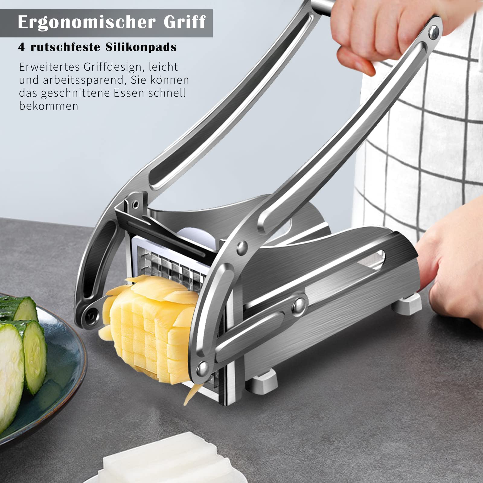 Coupe Frite Professionnel, Coupe-Frites en Acier Inoxydable,Coupe Frites Manuel, Coupe Pomme de Terre avec 2 Inserts de Coupe, Accessoires pour Friteuse, Antidérapant, pour Oignon, Carotte