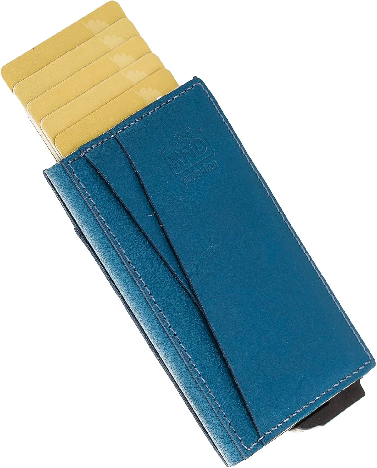 Genuine Leather Pop-Up Card Holder, Slim and Minimalist Design, 8 Card Slots, 1 ID and Photo Window, 100% Genuine Leather, Luxury Design, Premium Leather Quality (Blue)