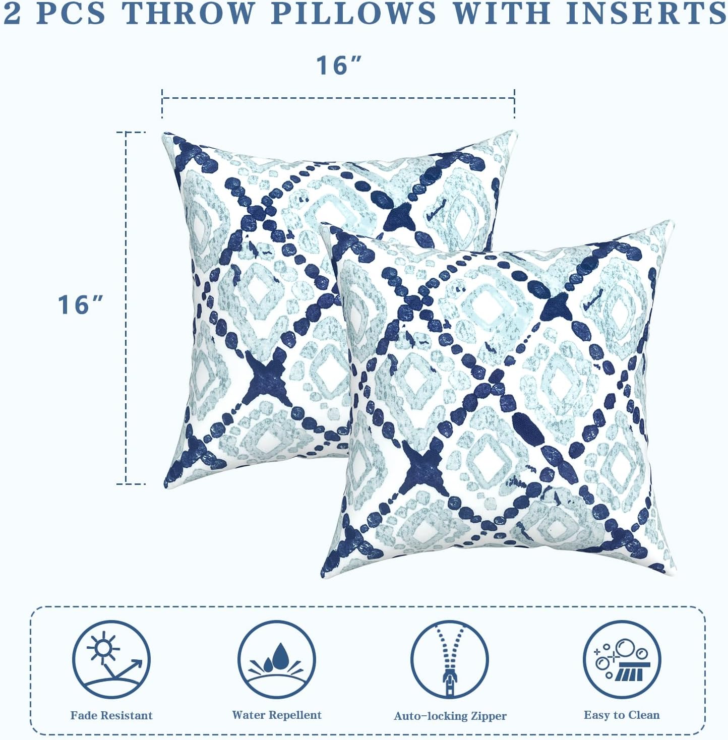 LVTXIII Outdoor Throw Pillows, Decorative Throw Pillows with Inserts, 16"x16" Square Pillows for Bed, Couch, Sofa and Patio Furniture, Set of 2, Boho Geometry Blue
