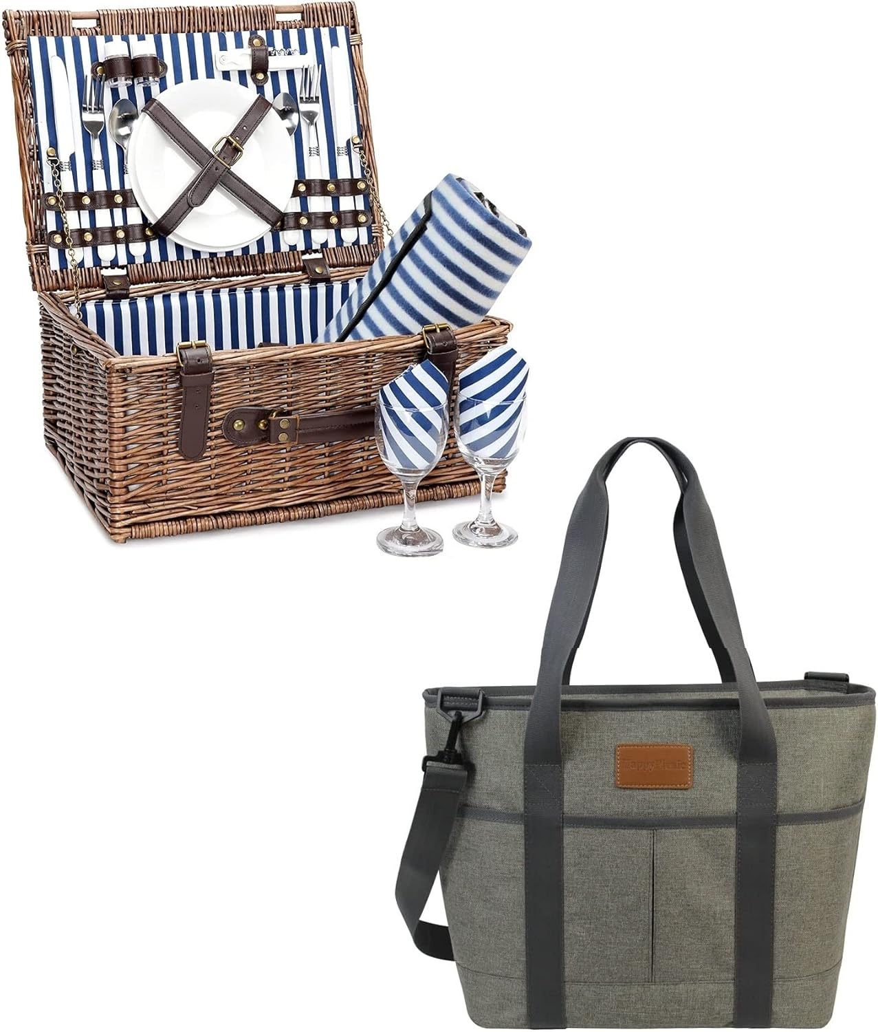 Wicker Picnic Basket for 2 with Waterproof Picnic Blanket, Picnic Set for 2 with Sand-Proof Beach Mat,Willow Hamper Service Gift Set with Cooler Tote Bag for Camping and Outdoor Party Best Gift : Patio, Lawn & Garden
