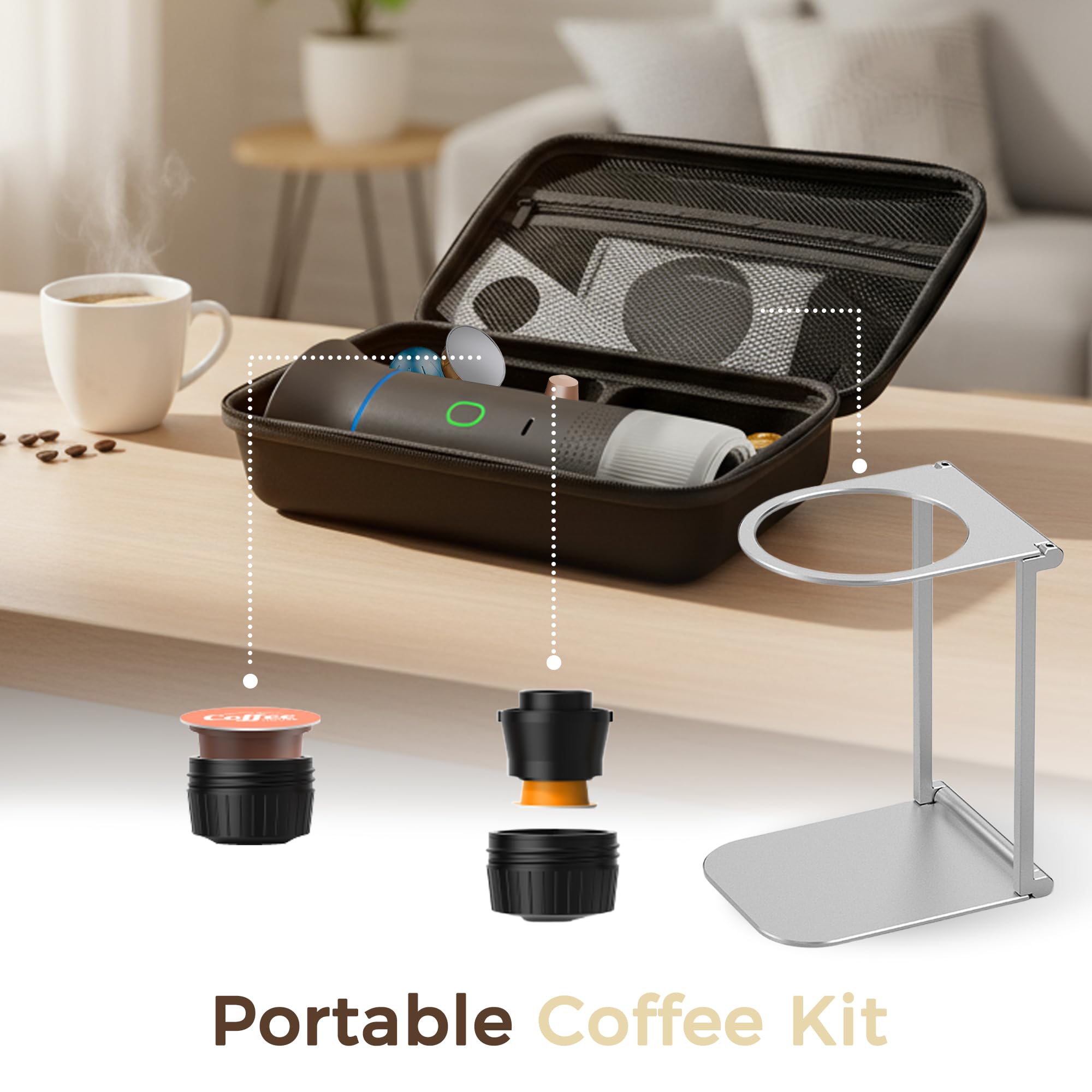 Machine à Café Portable, 3 en 1 Cafetière Expresso avec Support et Sac, Batterie Rechargeable 7500mAh, Compatible Capsules et Café Moulu, Pour Voyage, Camping, Voiture, Bureau (Vert)
