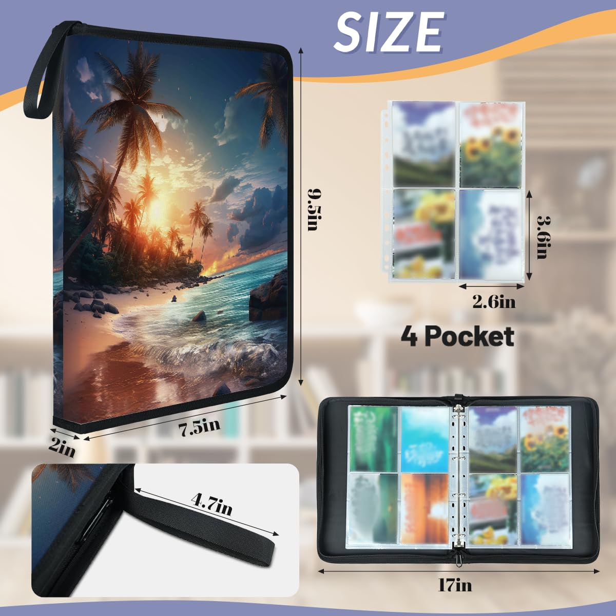Carpeta para tarjetas de intercambio con 4 bolsillos, diseño de palmera de puesta de sol, álbum de tarjetas con fundas extraíbles, impermeable, con cremallera, capacidad para 50 páginas y 400 tarjetas