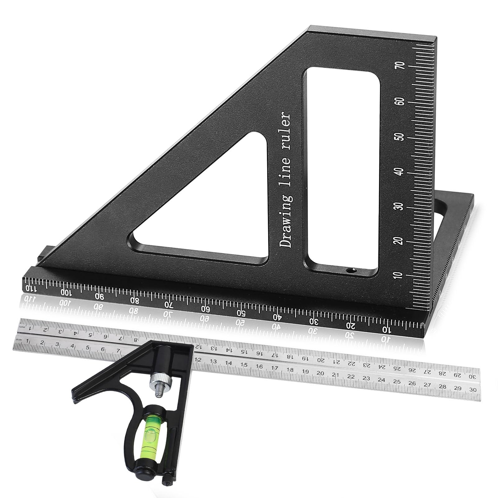 Escuadra Carpintero 3D(45° / 90°)& Escuadra Combinada Ajustable, Regla de Ángulo de Acero Inoxidable de 300 mm, con Nivel de Burbuja - adecuada para carpinteros e ingenieros(noir)
