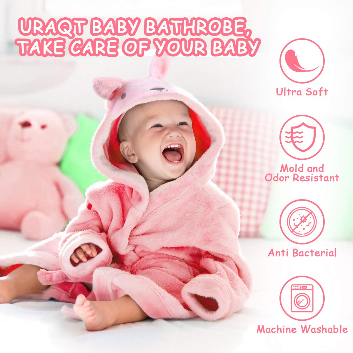 URAQT Accappatoio Neonato, Accappatoio Neonata con Cintura Accappatoio per Bebè, Asciugamano con Cappuccio Flanella, Extra Morbido e Assorbente, Regalo per Neonati Unisex