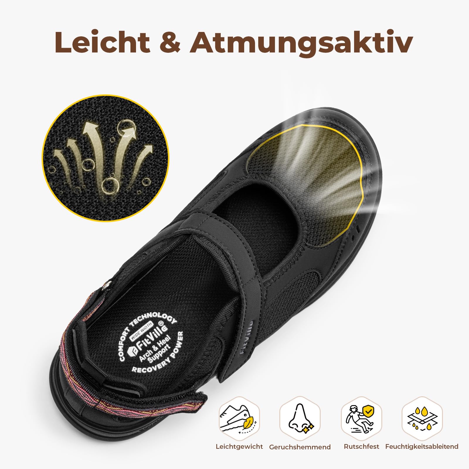 FitVille Extra Weite Mary Jane Sandalen Damen Sommerschuhe mit Klettverschluss Pflege Walking Schuhe Senioren Leicht Halbschuhe Senioren Atmungsaktive Freizeit Reise Vorne Geschlossen für Breite Füße