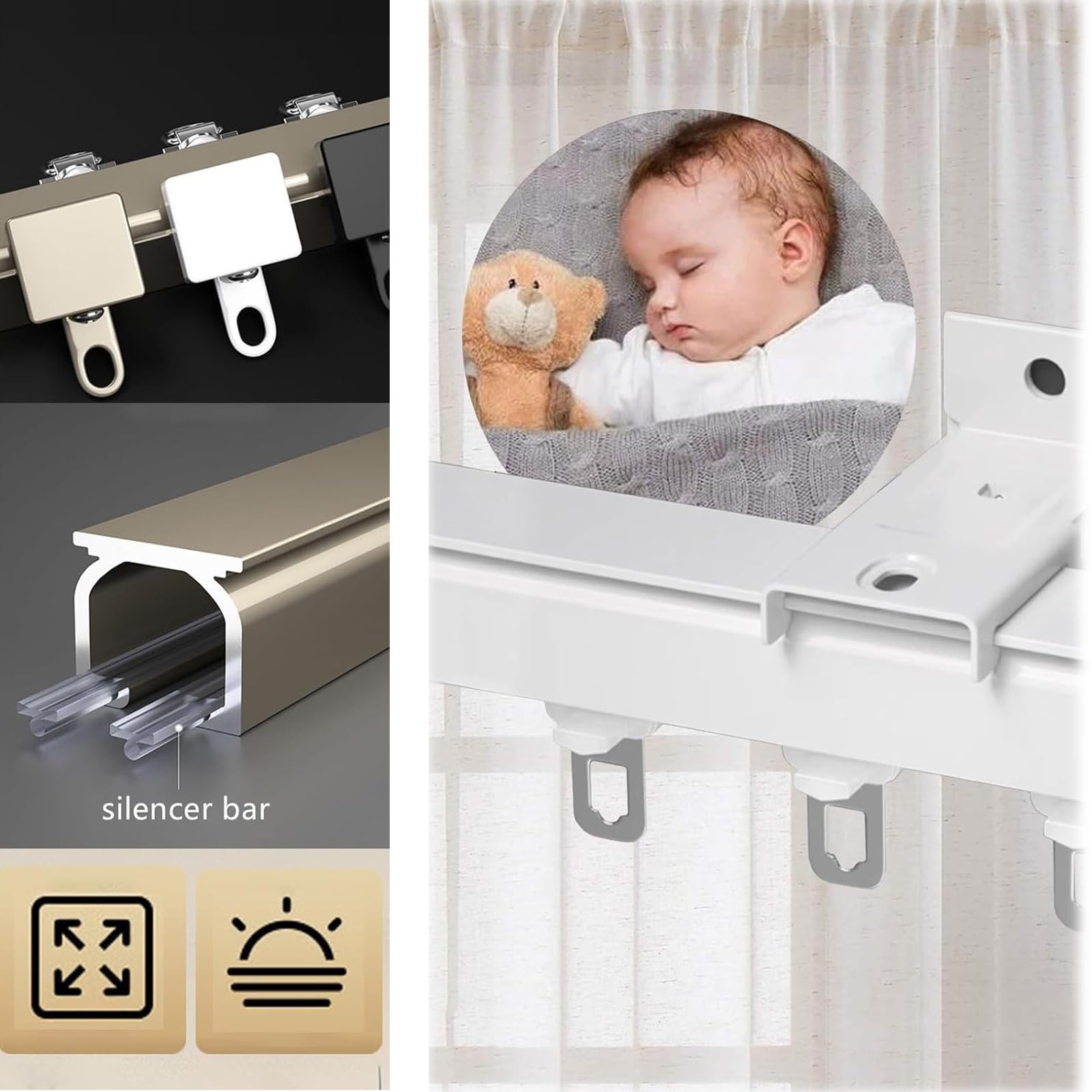 Rail de rideau de plafond en aluminium – Rails muraux durables et silencieux pour camping-cars et baies vitrées, design carré robuste, 90 cm de long, finition blanche