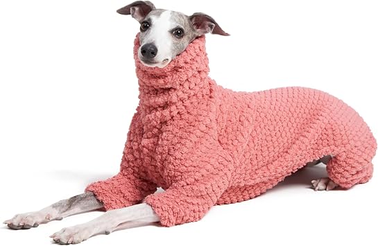 Fluffy Soft Fleece Jumper Pyjamas for Italian Greyhound Whippet Dogs, Turtleneck Warm Fleece Dog Onesie, Coat, Jammies, Jumpsuit, Romper Pink, Large
