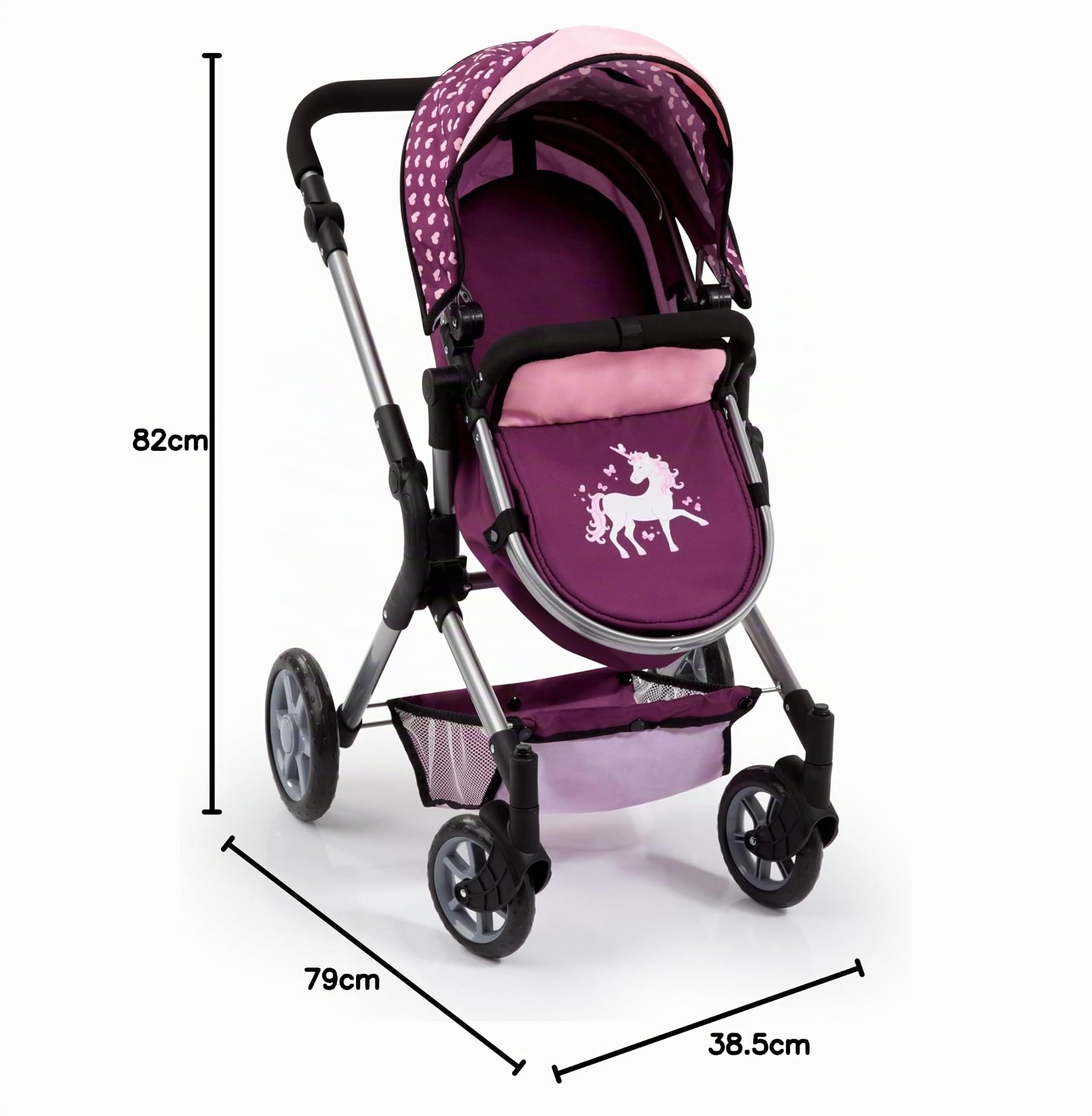 Bayer Design 18137AA City Neo Kombi Puppenwagen mit Wickeltasche, umwandelbar in einen Sportwagen, höhenverstellbar, faltbar, Pflaume, rosa, Einhorn, 52cm