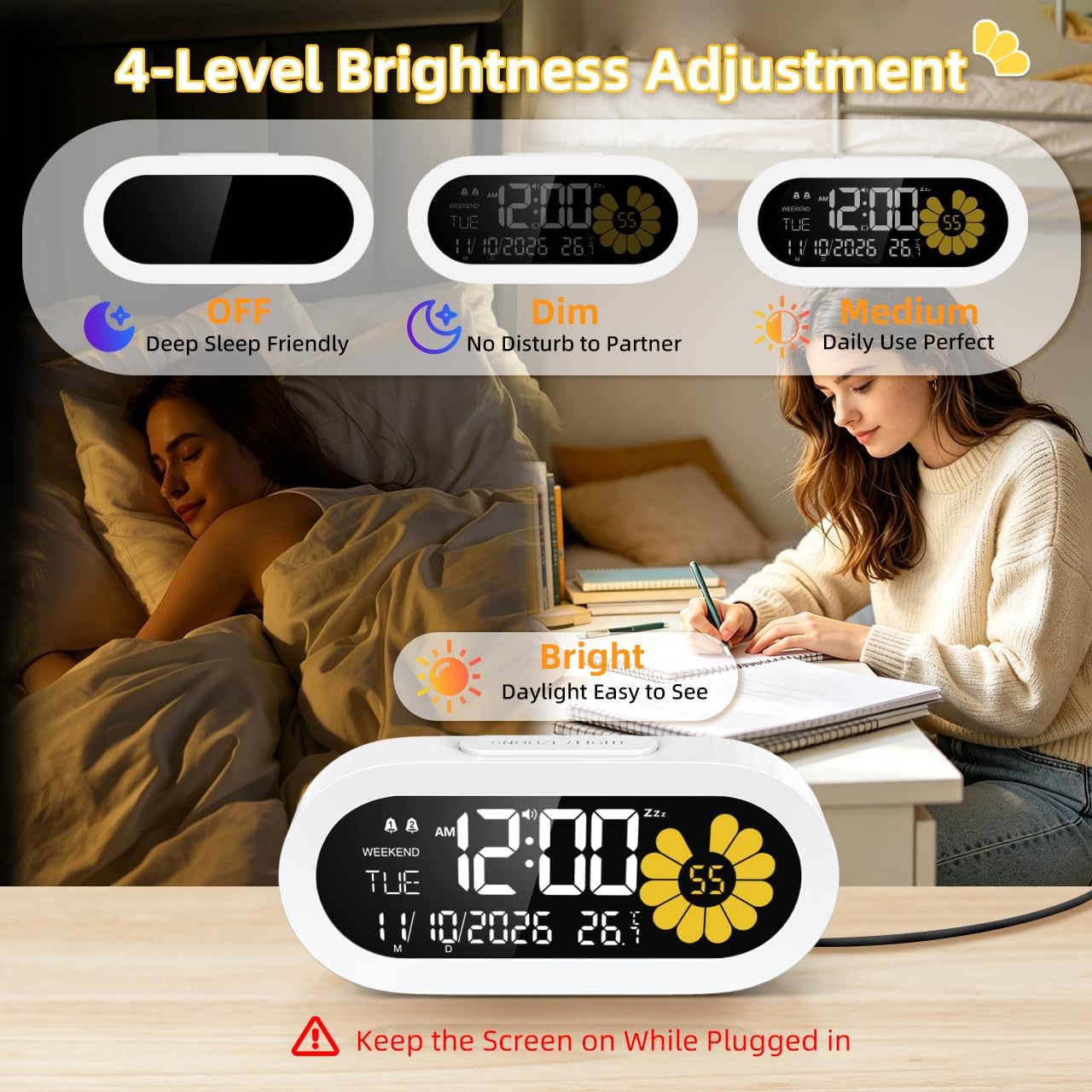DOOMAY Digital Alarm Clock for Bedroom: Dual Alarm Bedside Clock VA LCD Display with Seconds, 9-Minute Snooze and Weekend Mode, 3 Brightness, 4 Alarms and 3 Volume Levels，Type C & Battery Included