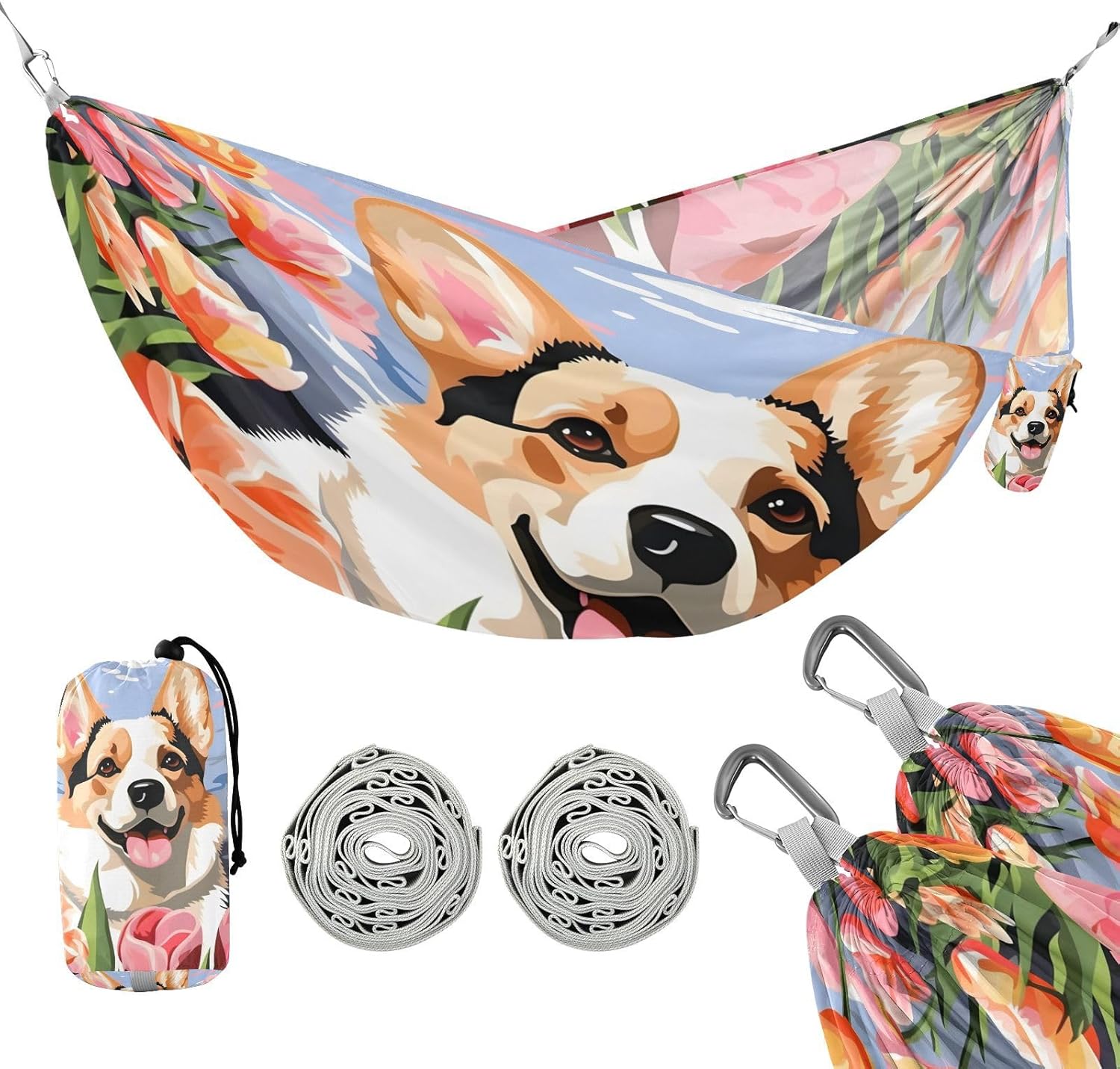 ALAZA Corgi DOD Flower Camping Hammocks Single or 2 Person 500 lbs Portable Parachute Travel Hammock w/Tree Straps for Hiking Backpacking Indoor Outdoor