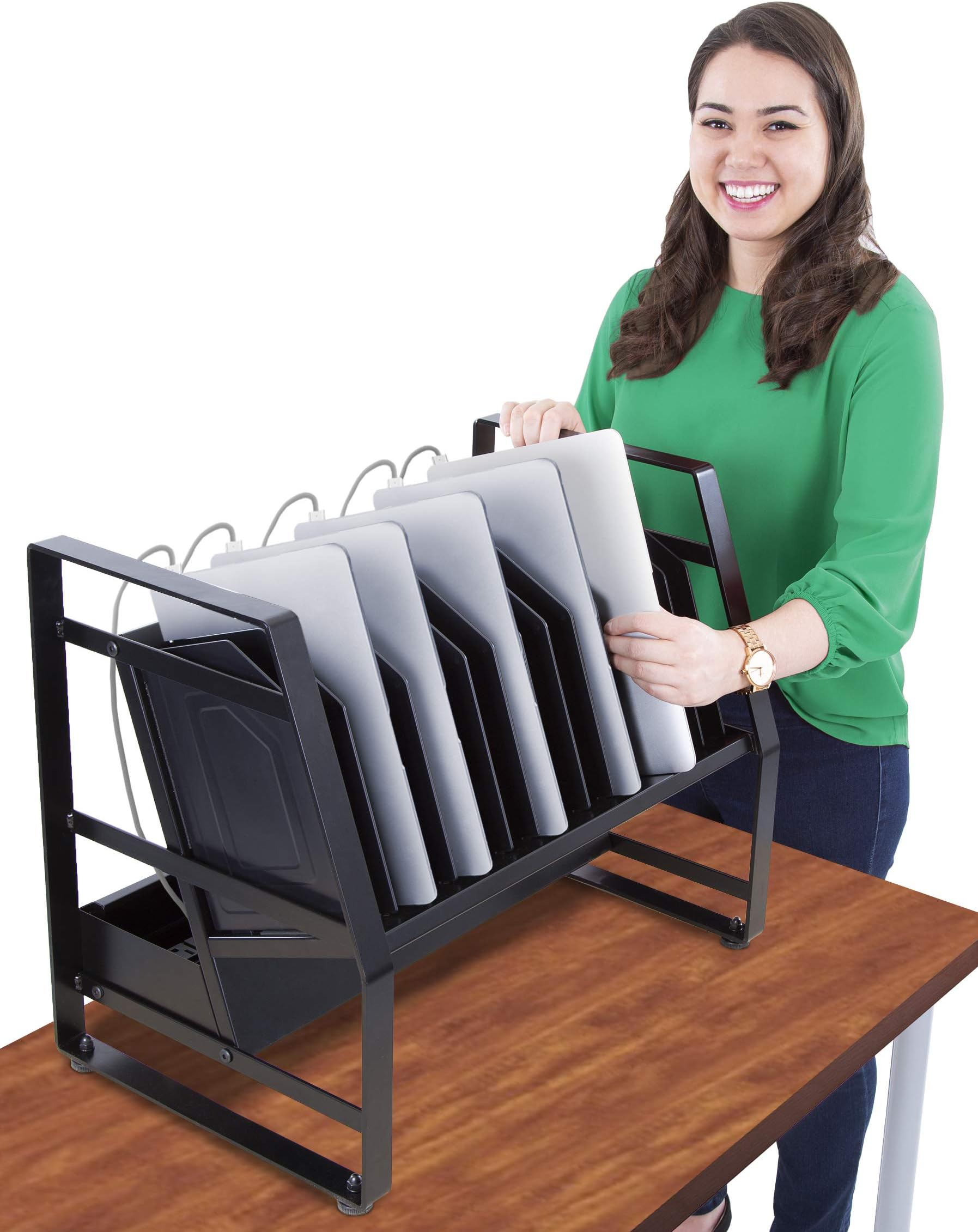 Line Leader 14 Device Open Charging Cart for Laptops, Tablets & Chromebooks, Mobile Laptop Station with Removable Wheels For Desktop or Under Desk Use, UL-Listed Power Strip with Surge Protection