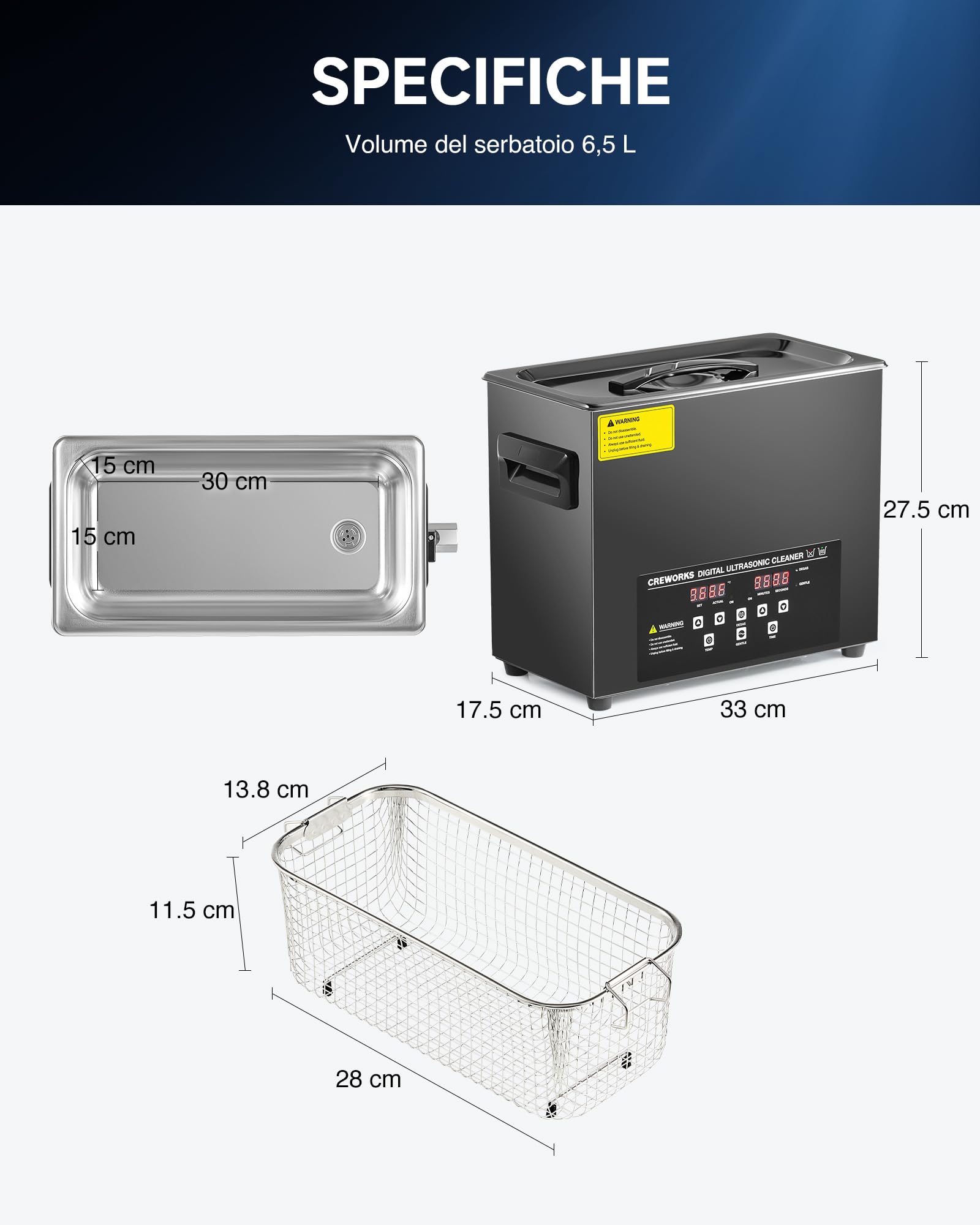CREWORKS 6.5L Pulitore Ultrasuoni con Modalità Degas e Delicata Timer, 180W Pulizia Ultrasuoni con Timer, Pulitore Ultrasuoni Professionale per Ricambi Auto, Occhiali, Gioielli, Dentiere (6.5L 180W)