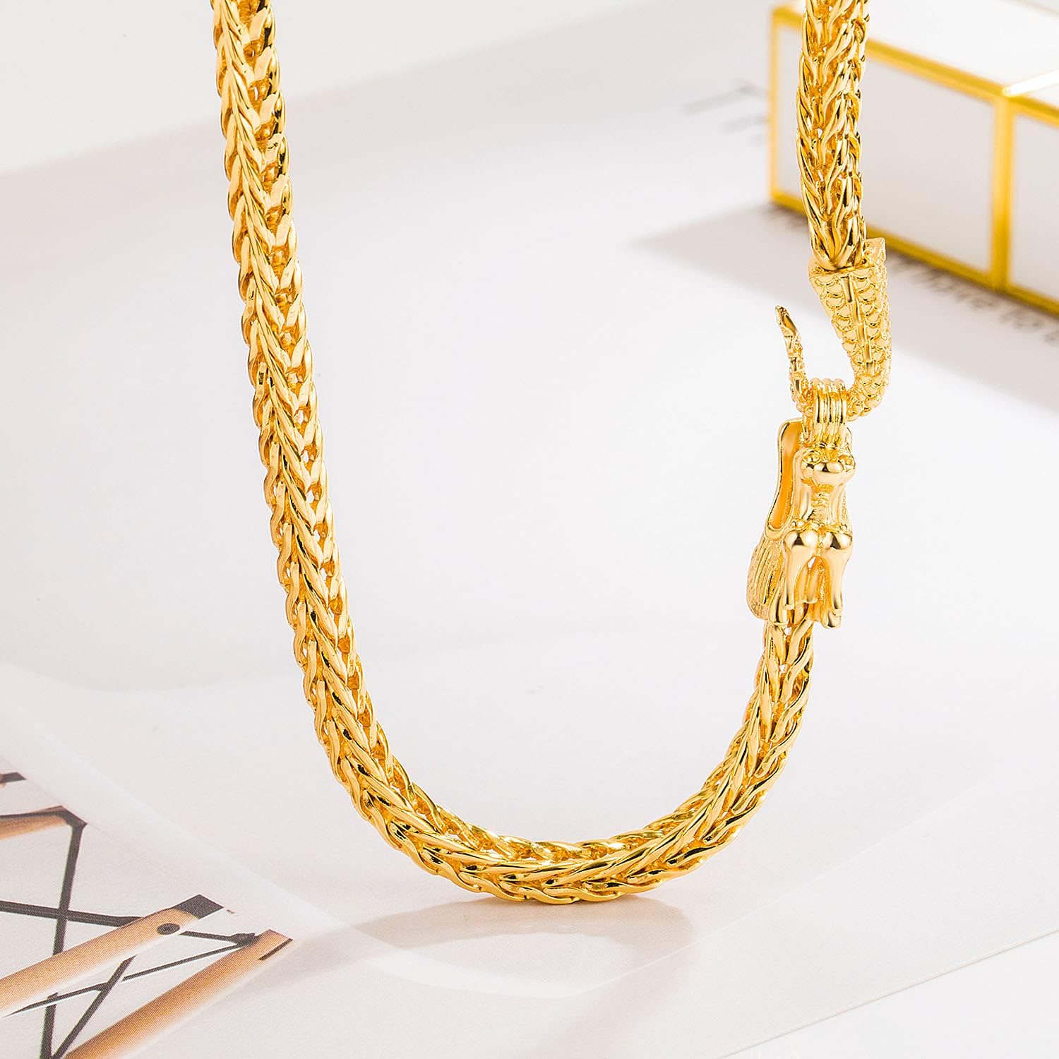 Men 925 Sterling Silver Dragon Necklace 24K Gold Plated Vintage 5MM 20 "22" 24 "26" Franco Link Curb Chain Choker Fashion Punk Gold Fine Jewelry Gift (26 inch, Golden) - Image 3