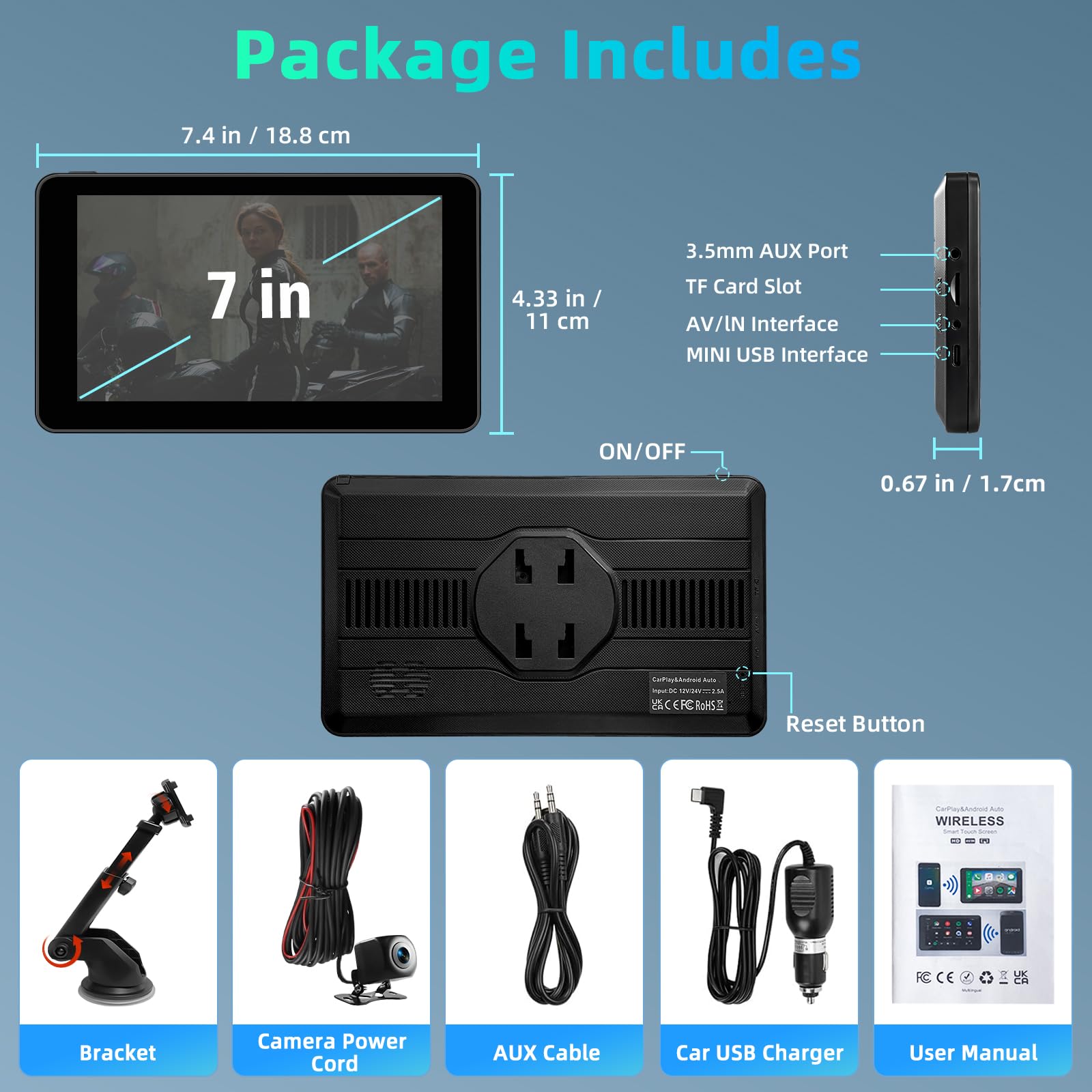 7 Pouces Écran Carplay Voiture pour Apple Car Play, Écran Android Auto Voiture avec Caméra de Recul/Bluetooth/FM/AUX/Mirror Link/Commande Vocale/Navigation GPS