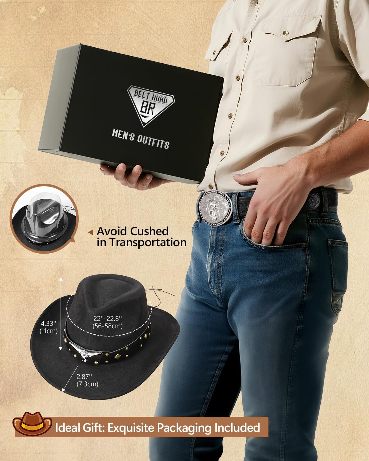 Western Outfits for Men 4Pcs Men's Cowboy Costume Set – Cowboy Vest Hat Western Belt Bolo Tie Party Halloween Gifts - Image 4