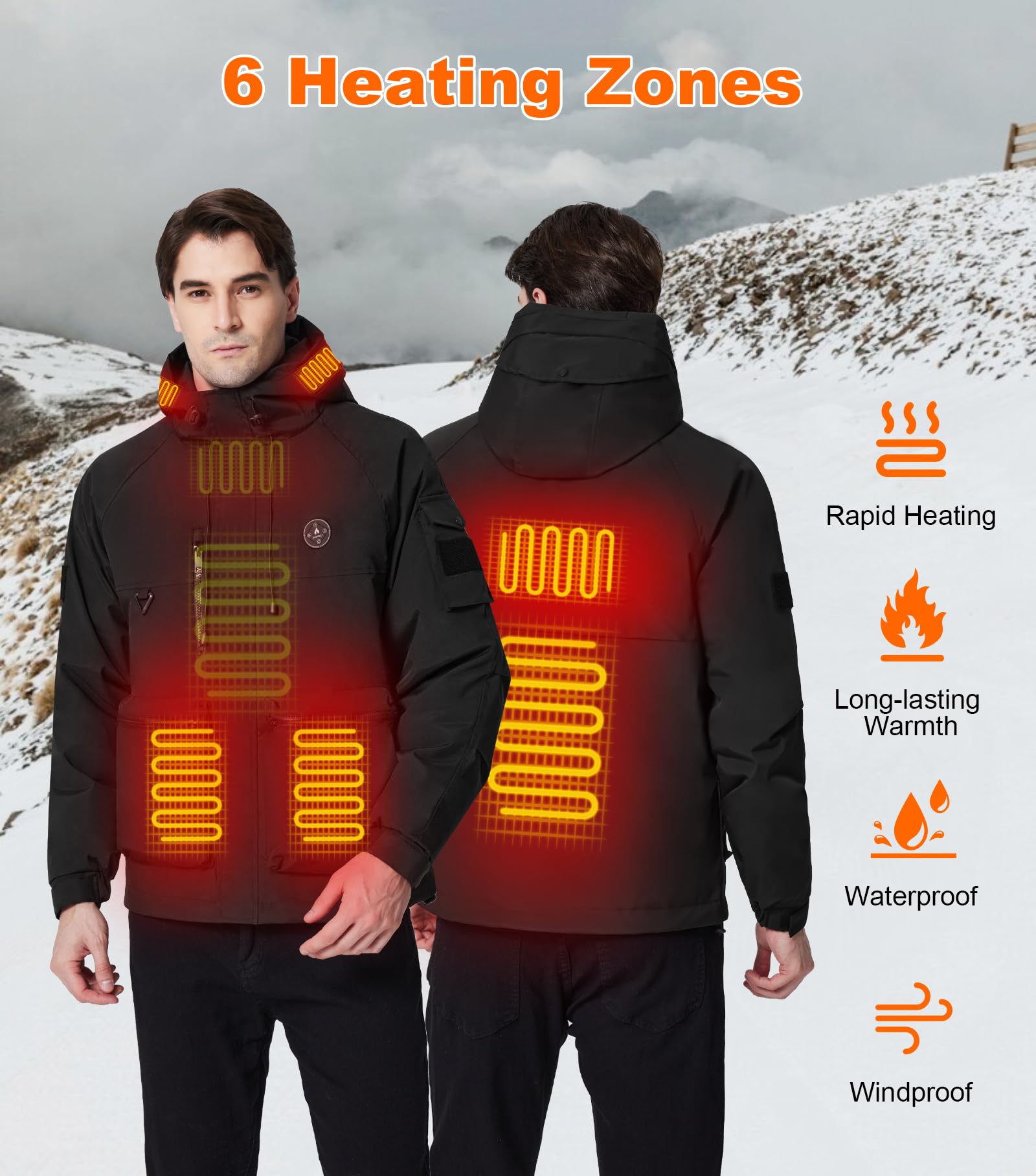 Veste Chauffante Homme, Blouson Chauffant avec Batterie 12000mAh 7.4V, 6 Zones de Chauffage & 3 Niveaux de Température, Veste D'hiver Imperméable Coupe-vent pour Ski Randonnée Camping