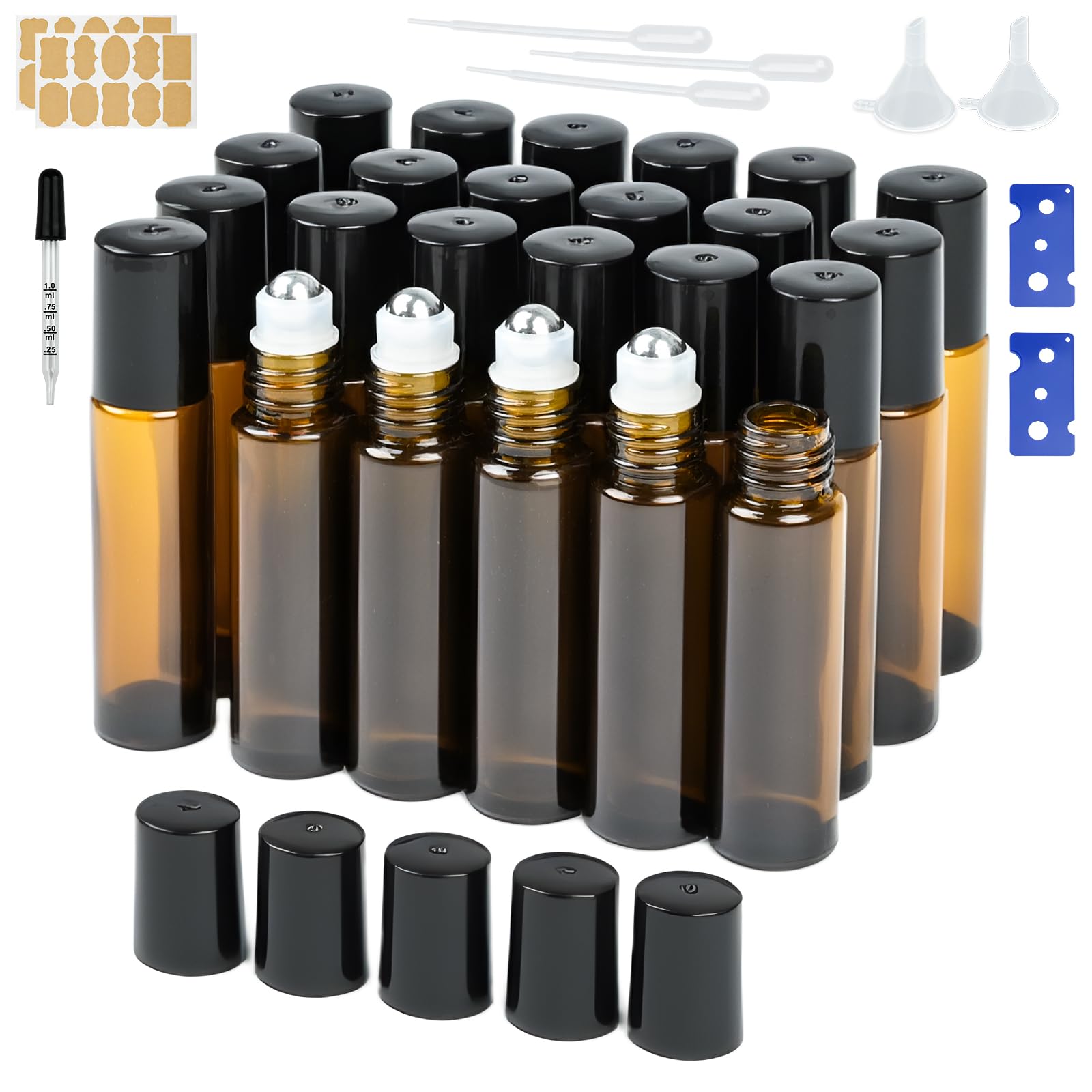 24 Pezzi Roll On Vuoto per Oli Essenziali, 10ml Marrone Bottiglia Boccette Vuote Contenitore Flaconcini Vuoti con Sfera in Acciaio Inossidabile per Profumi Aromaterapia Massaggio
