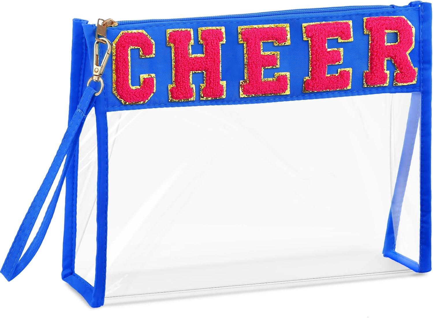 Remerry Clear Chenille Letter Makeup Bag Stand up Snack Bags Preppy Cosmetic Pouch Expandable Clear Travel with Wrist Strap Zipper Portable Multipurpose PVC Nylon for Women Travel(Blue,Cheer)