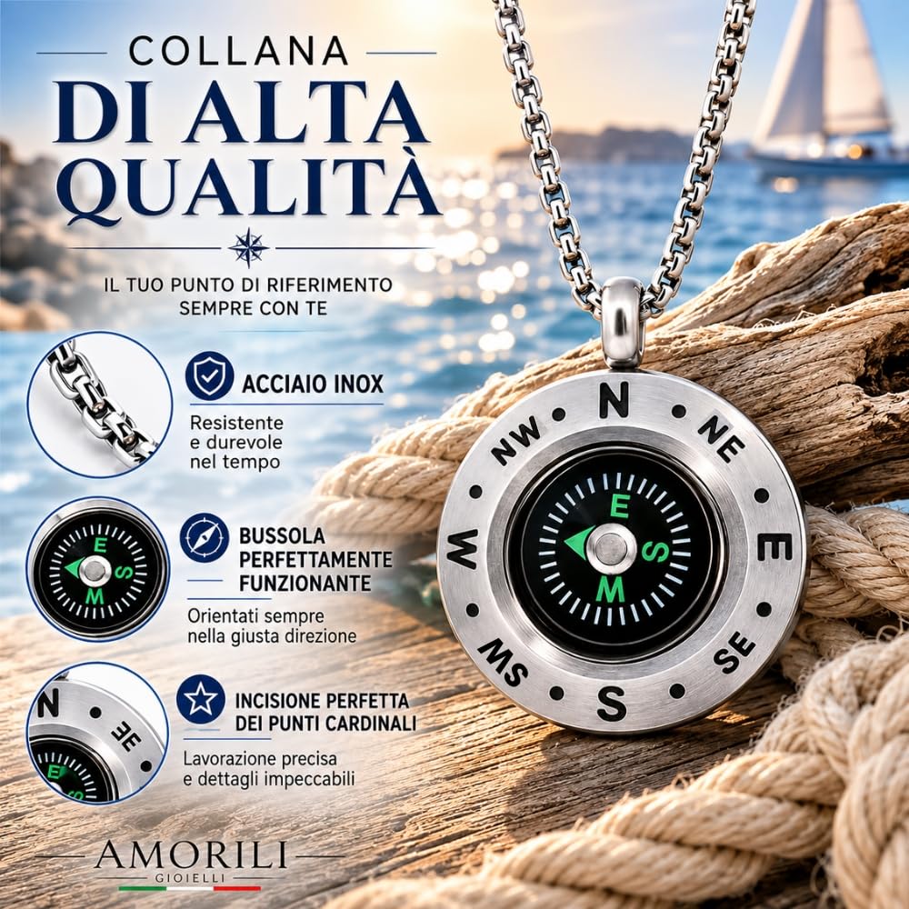 Collana Uomo con Bussola Marina Nera in Acciaio Inox – Gioiello Nautico Elegante, Regalo per Amanti del Mare e della Navigazione