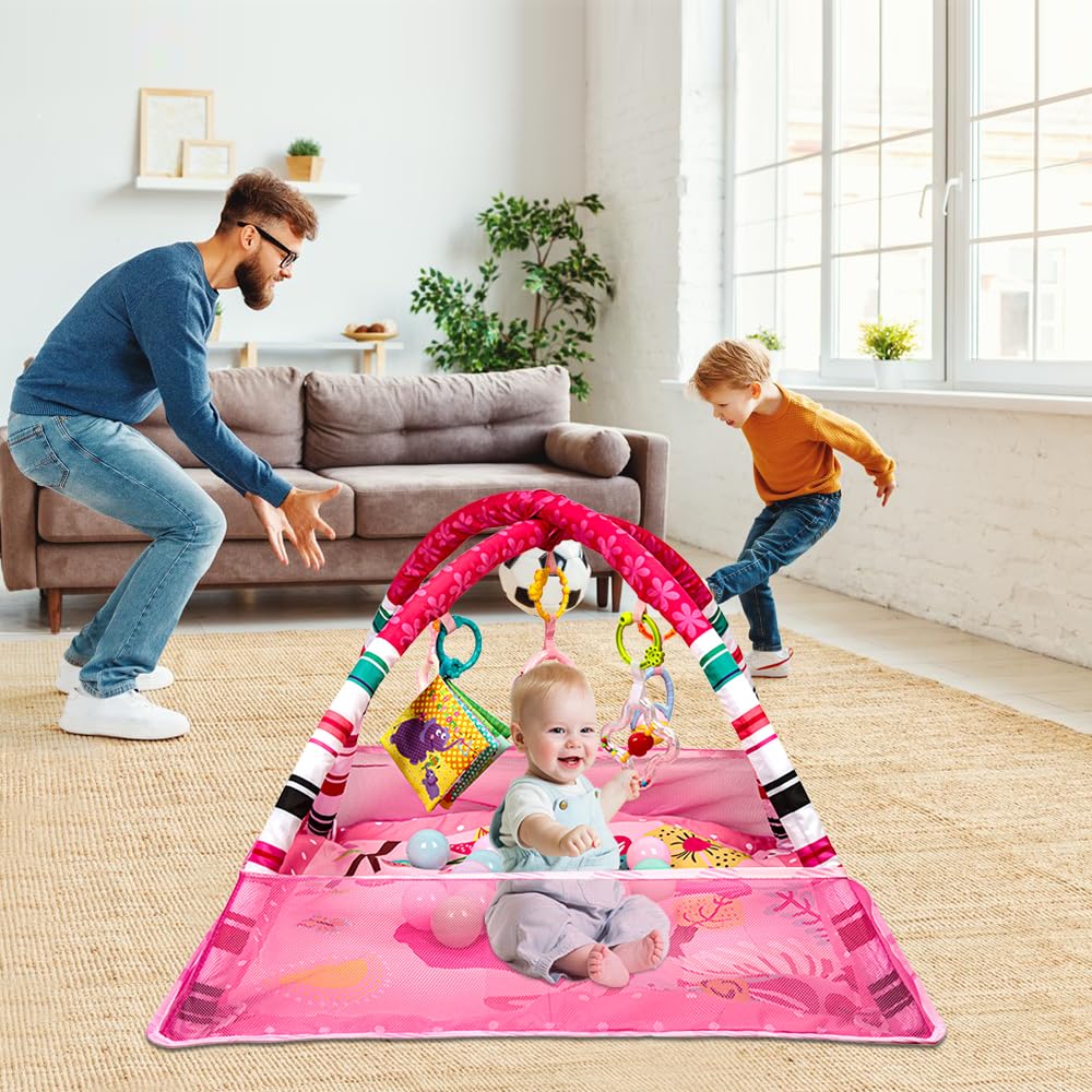 Parc de jeu bébé carré avec arche d'éveil, tapis d'activités, 18 balles de piscine incluses, pour nourrissons 0 à 3 ans，Rose