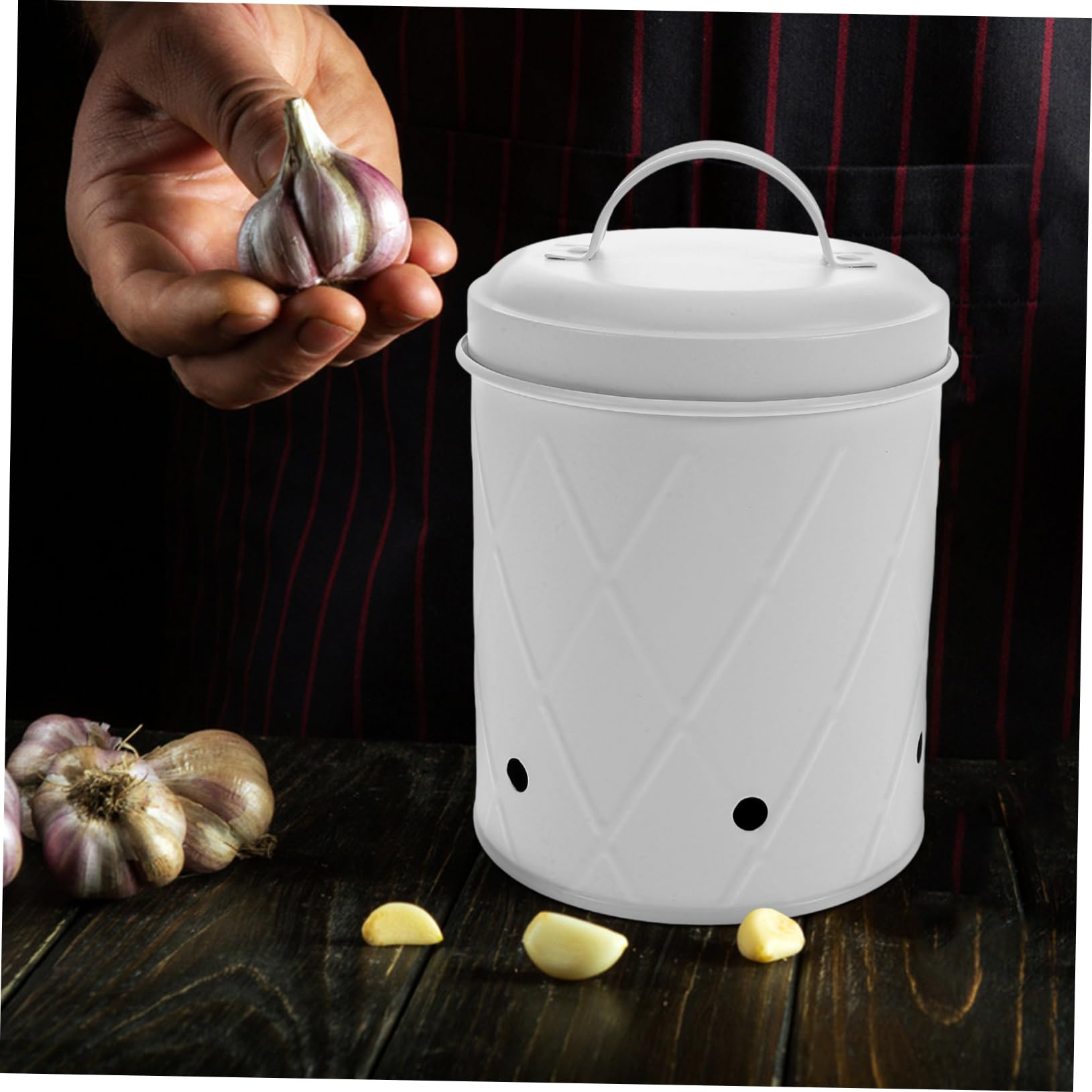 OKUMEYR Metal Storage Container Lid Fresh Bucket with Ventilated Jar for Ginger Garlic