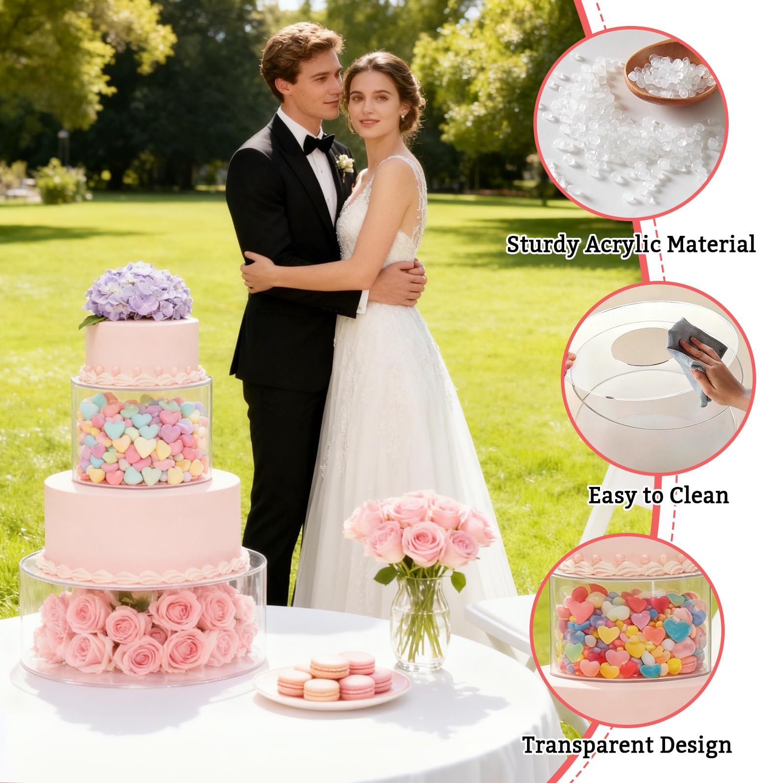3 Pezzi Alzata per Dolci, Vassoio per Torte Rotondo Trasparente Riempibile con 3 Strisce Luminose a LED per Matrimoni, Compleanni e Feste
