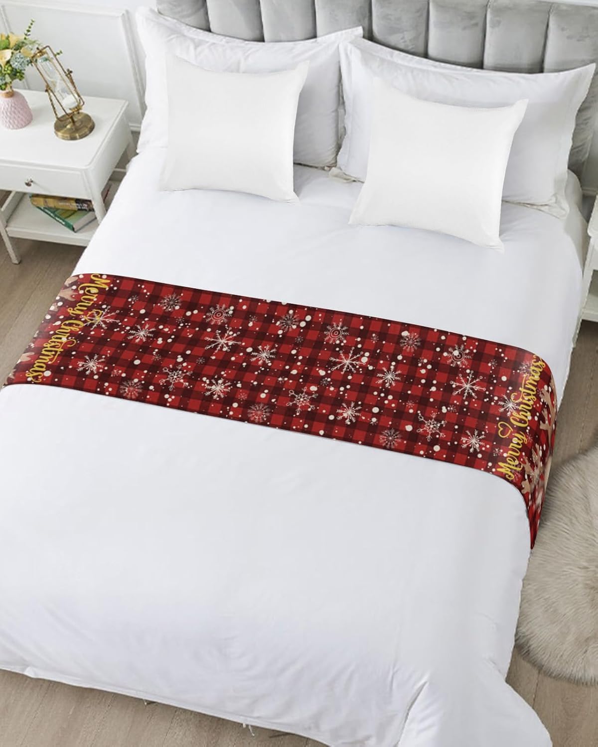 Bed Runner Scarf for Bed Foot Decor, Merry Christmas Xmas Tree Elk Red and Black Buffalo Plaid Bed Flags Bed Scarves, Bedding Scarf Protector for Home Bedroom/Hotel/Wedding, 102"x20" for Cal King Bed