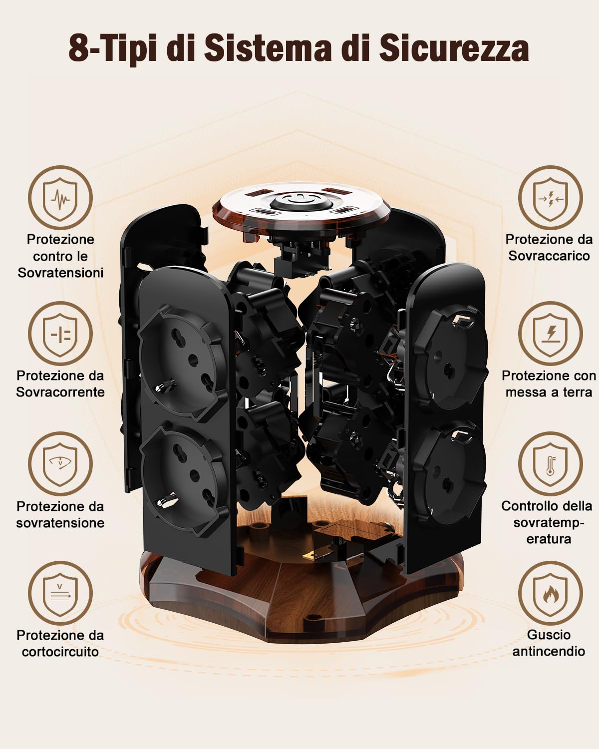 TOPREK Multiprise Verticale Couleur Bois Marron avec 8 Prises Schuko universelles ITA 10/16A et 2 USB C (Charge Rapide PD3.0 20W) 2 USB A, multiprise électrique 2M avec Interrupteur, Prise coudée 90°