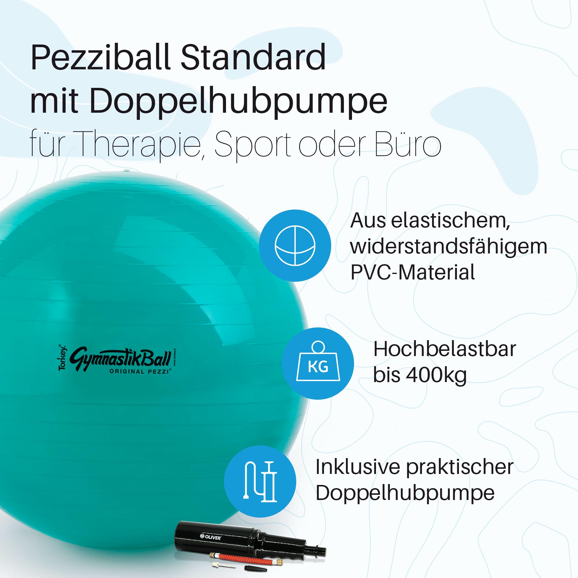 PEZZI Gymnastikball Standard Sitzball mit Pumpe | Sitzball aus robustem PVC, belastbar bis 400 kg, für Therapie, Sport und Büro