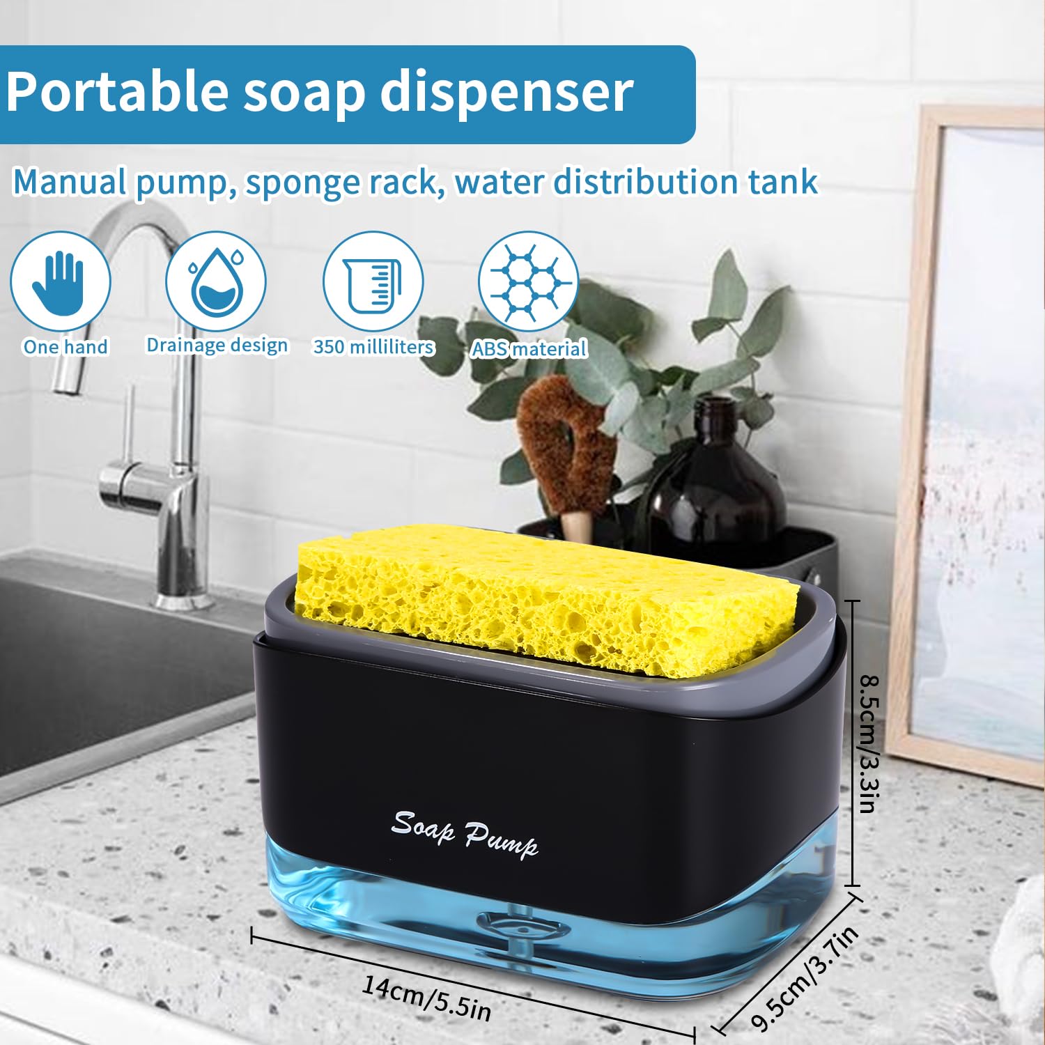 Yulado Jabonera Cocina Negro, Organizador de Fregadero Negro con Bandeja y Soporte para Esponja, detergente Recargable，Dispensadores de Bomba de jabón y Porta esponjas…