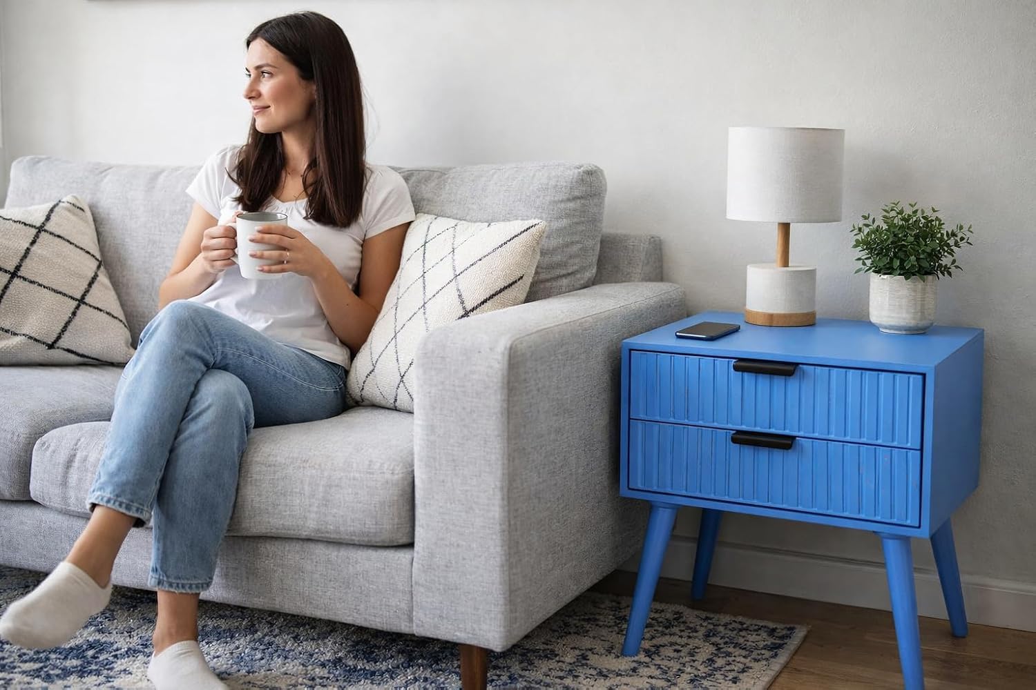 Modern Blue Bedside Table with 2 Fluted Drawers | Solid Wooden Nightstand for Bedroom |Contemporary Side Table Accent End Table with Storage & Wooden Legs for Living Room & Home Decor-image-34