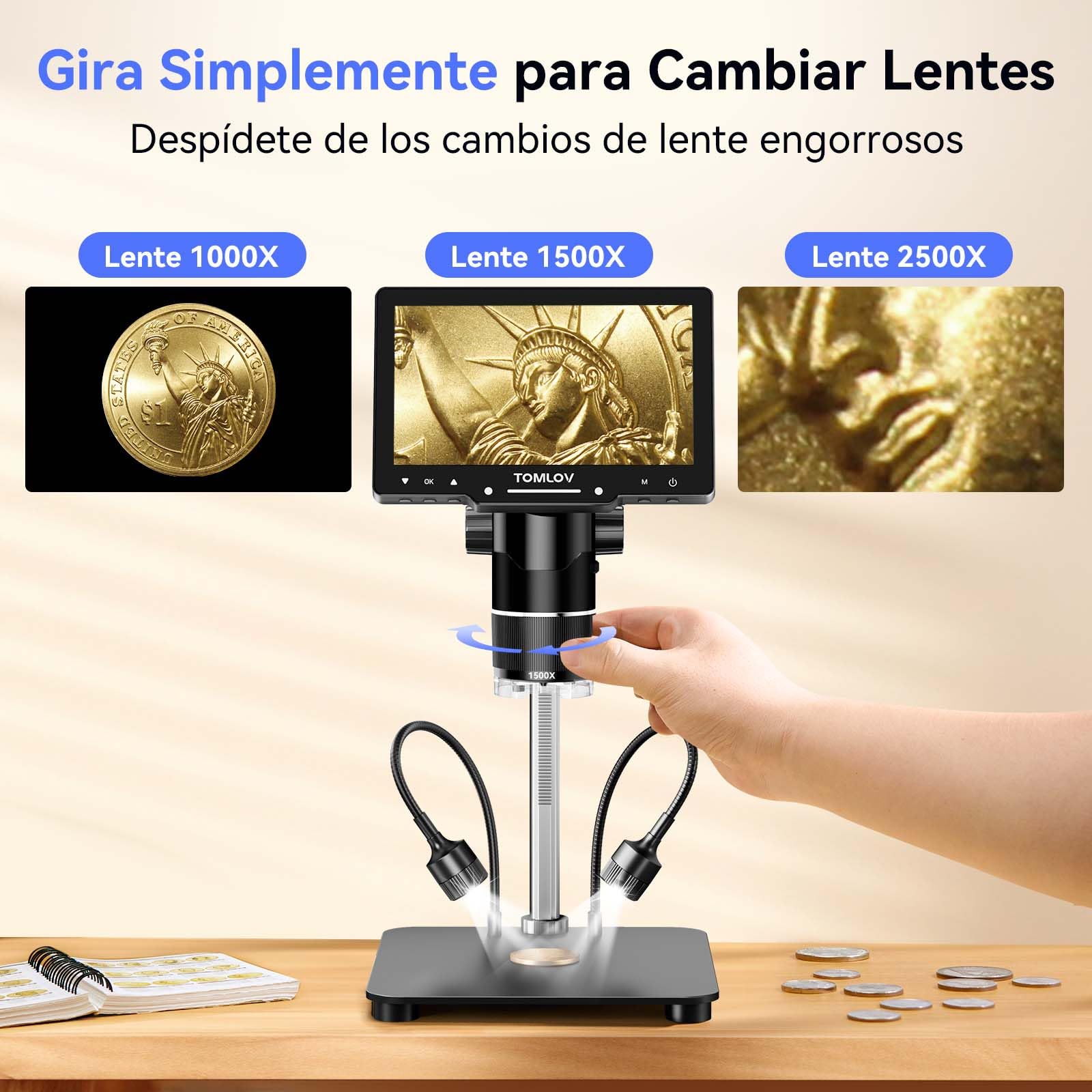 TOMLOV TriL107 3 Lens Digital Microscope 7" 2K IPS HDMI, 2500X Magnifier for Full Coin View and 14 LED Lights, 12.6" Support Soldering Microscope for Adults, PC/TV Compatible, 64GB — view 2