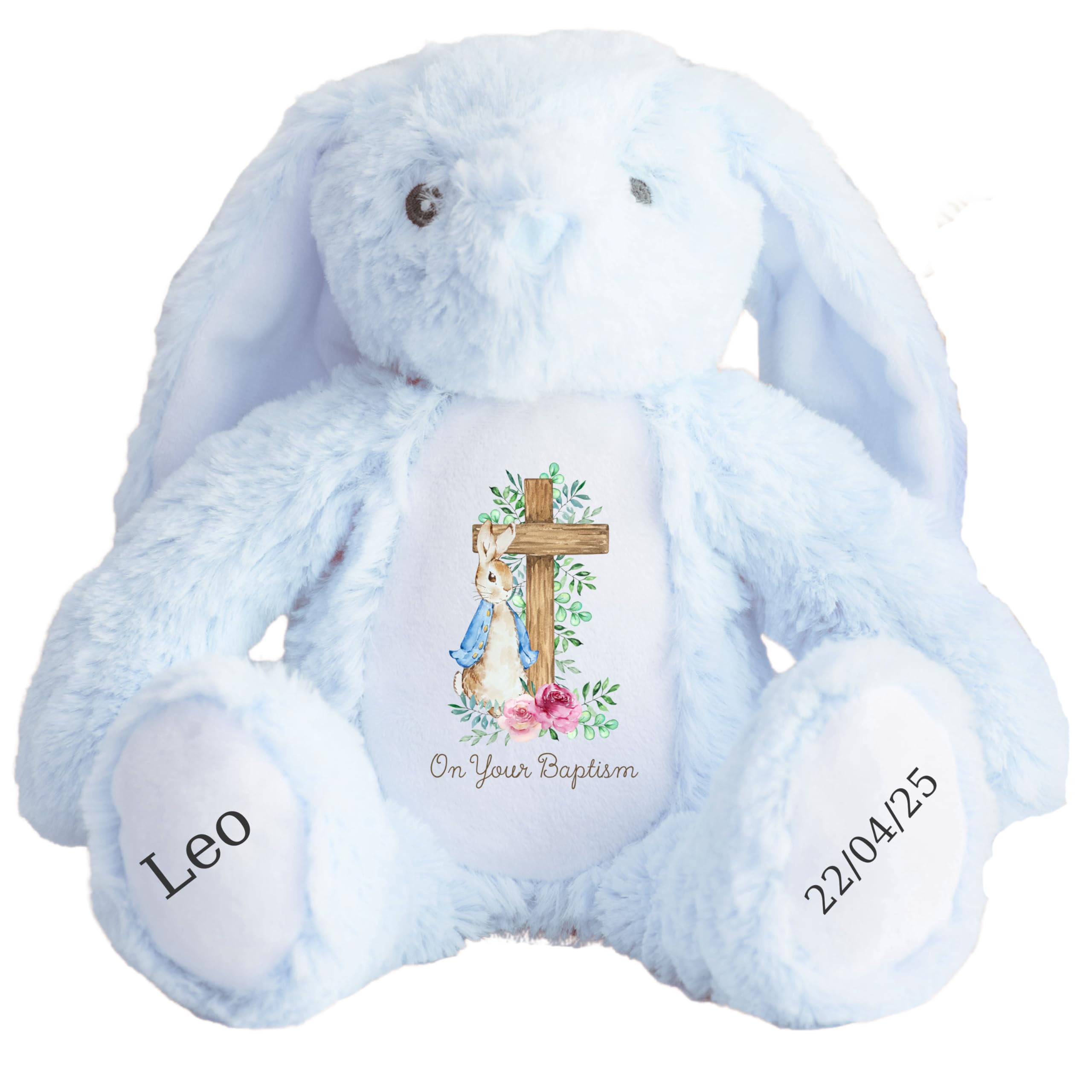 HotScamp Personalised Baptism Bunny with Name - Peter Cross Rabbit Pink Flowers On your Baptism Day Soft Toy for Baby, Child, Kids, Babies Christening Church Spring Time - Blue Letter Blu Bunny